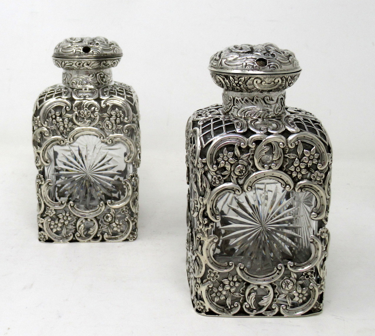 275. Pair Antique English Crystal Sterling Silver Scent Perfume Bottles William Comyns