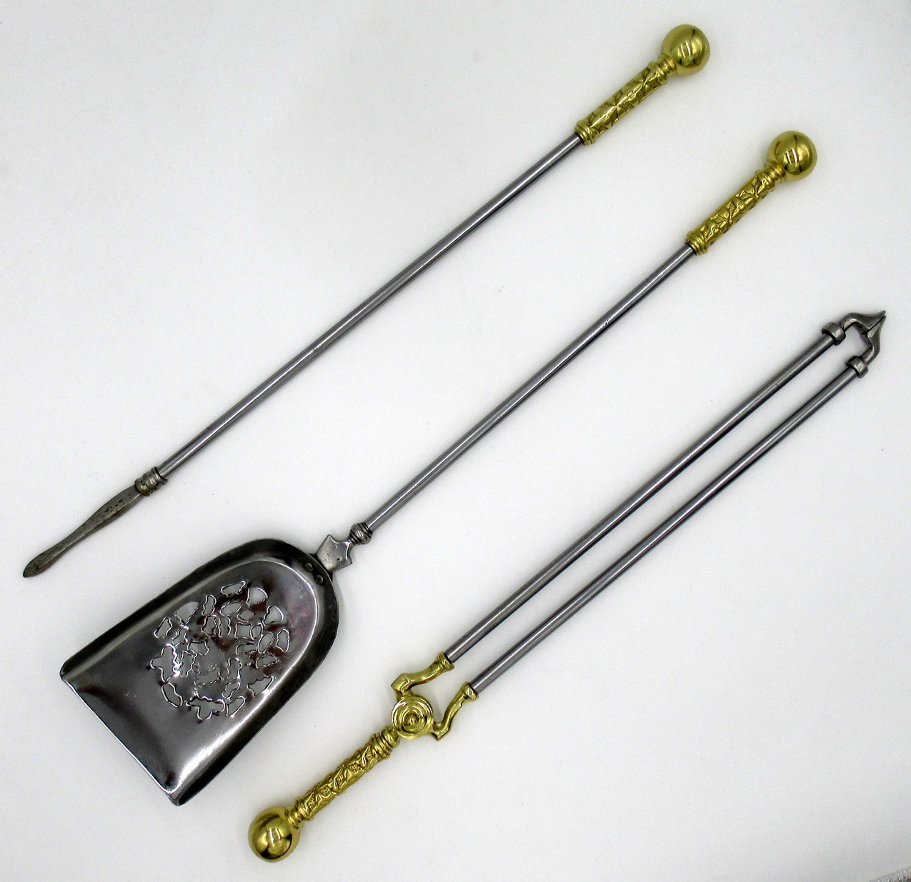 449. Set English Victorian Steel Brass Fireplace Fire Tools Irons Companion 19th Ct - Image 2