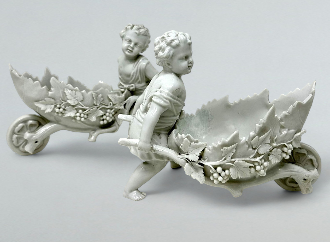 182. Antique Pair German Meissen Blanc de Chine Porcelain Centerpieces Putti Cherubs