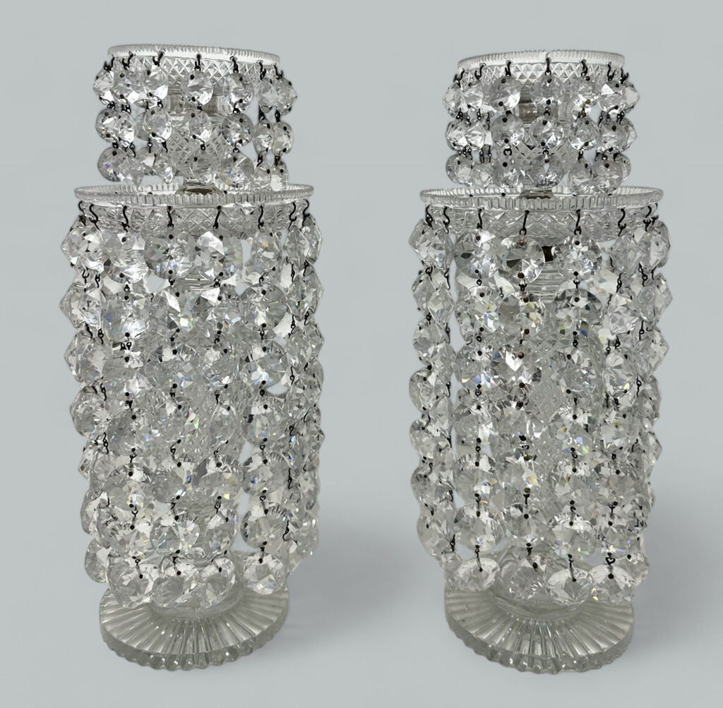 102. SOLD. Antique Pair English Regency Candlesticks Crystal Glass Lusters Atrb John Blades