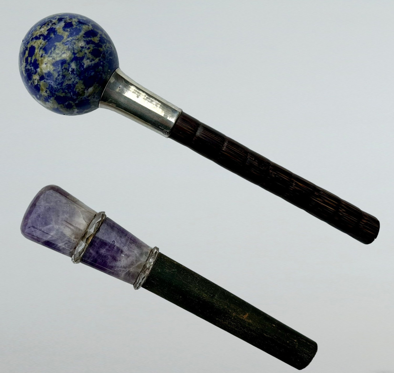 168. Antique Lapis Lazuli Blue John Amethyst Lady's Walking Stick Wooden Parts