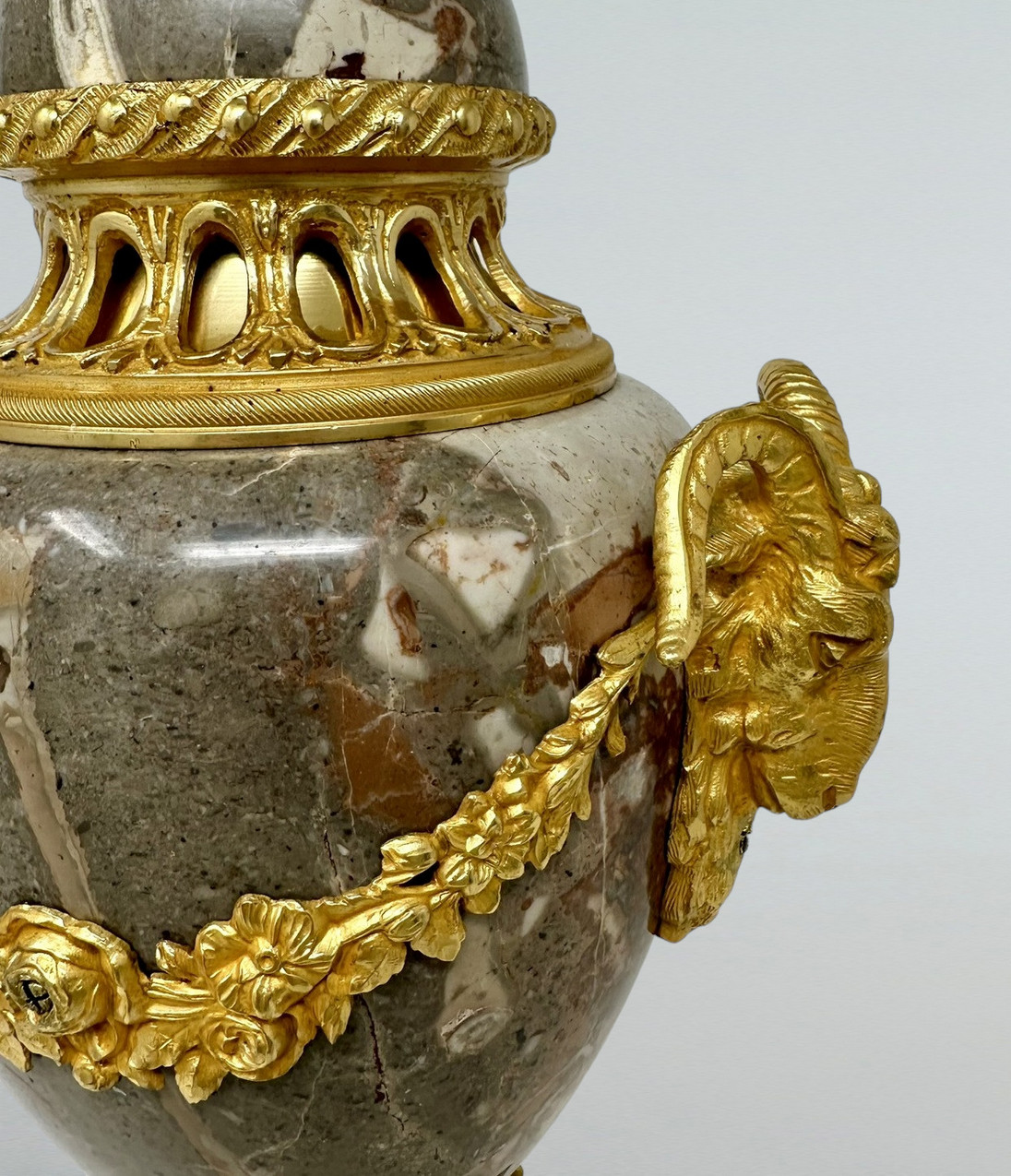 154. Antique Pair French Sarrancolin Marble Gilt Bronze Ormolu Urns Vases Grand Tour - Image 7