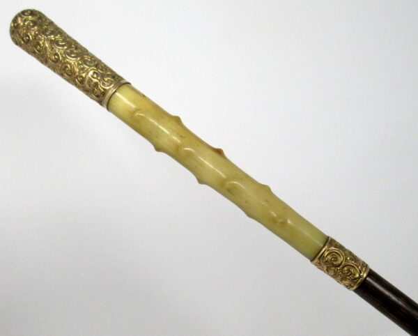913. Fine Ladies Partridge Ware Swagger Stick Carved Ivory Grip Gold Plated 19thCt