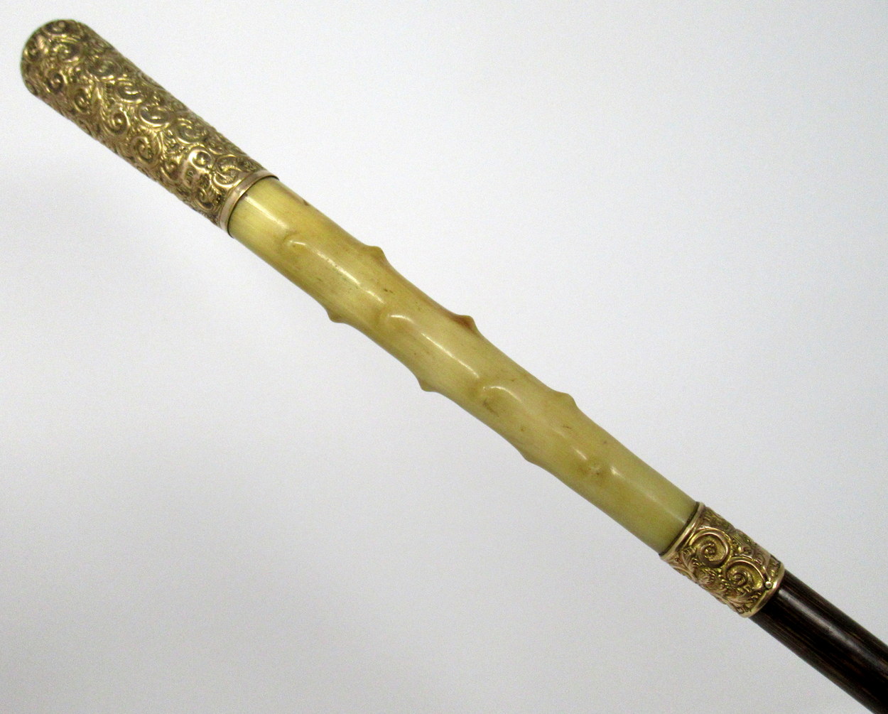 913. Fine Ladies Partridge Ware Swagger Stick Carved Ivory Grip Gold Plated 19thCt