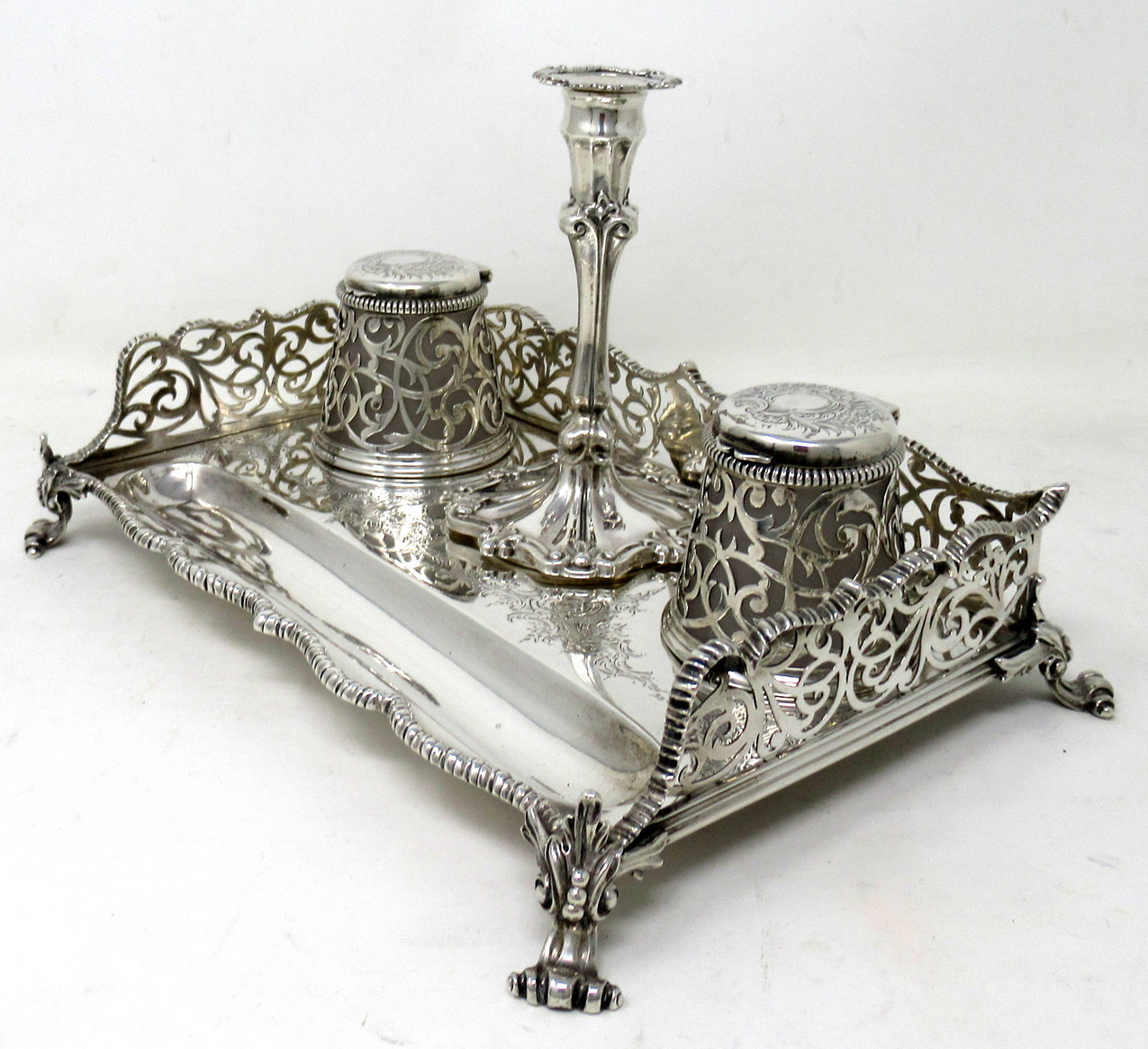 973. Antique Georgian English Sterling Silver Desk Inkstand Charles Thomas Fox 1853 - Image 2