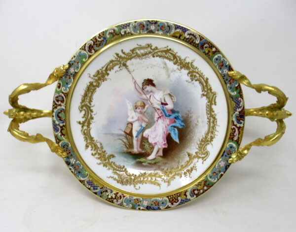 124. Antique French Sevres Ormolu Gilt Bronze Dore Champlevé Porcelain Tazza Plate