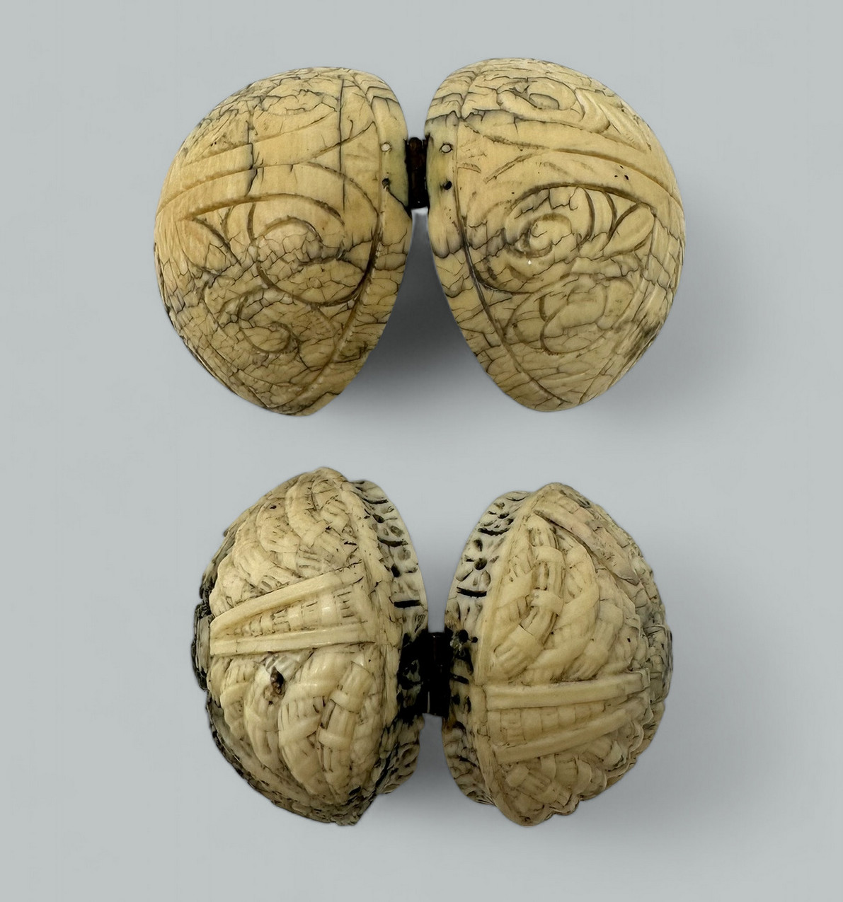 981. Antique Hand Carved Grand Tour Ivory Spheres Diptych Form 19th Century - Image 8