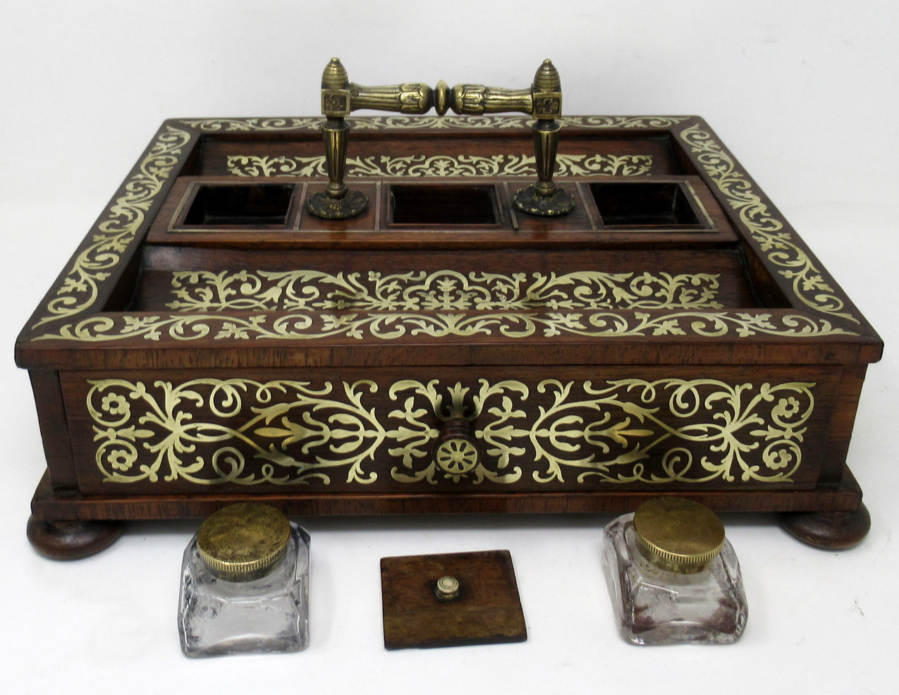 166. Antique Grand Tour Mahogany Brass Inlaid Desk Set Inkstand English Regency 19Ct - Image 11