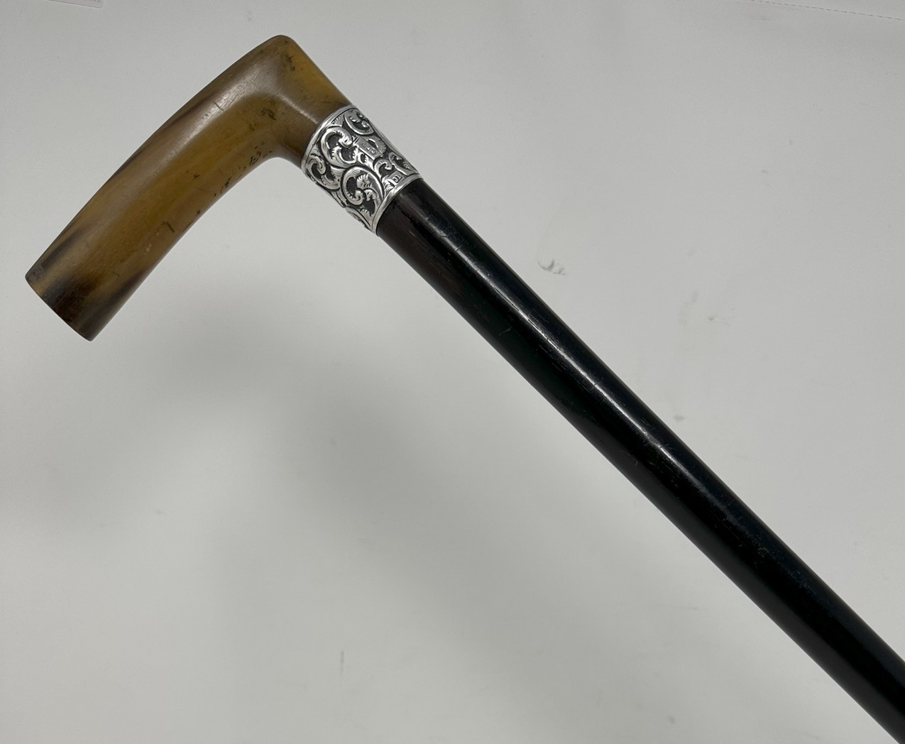 261. Antique Vintage Walking Stick Cane Wooden Sterling Silver Cow Horn Handle 1889 - Image 2