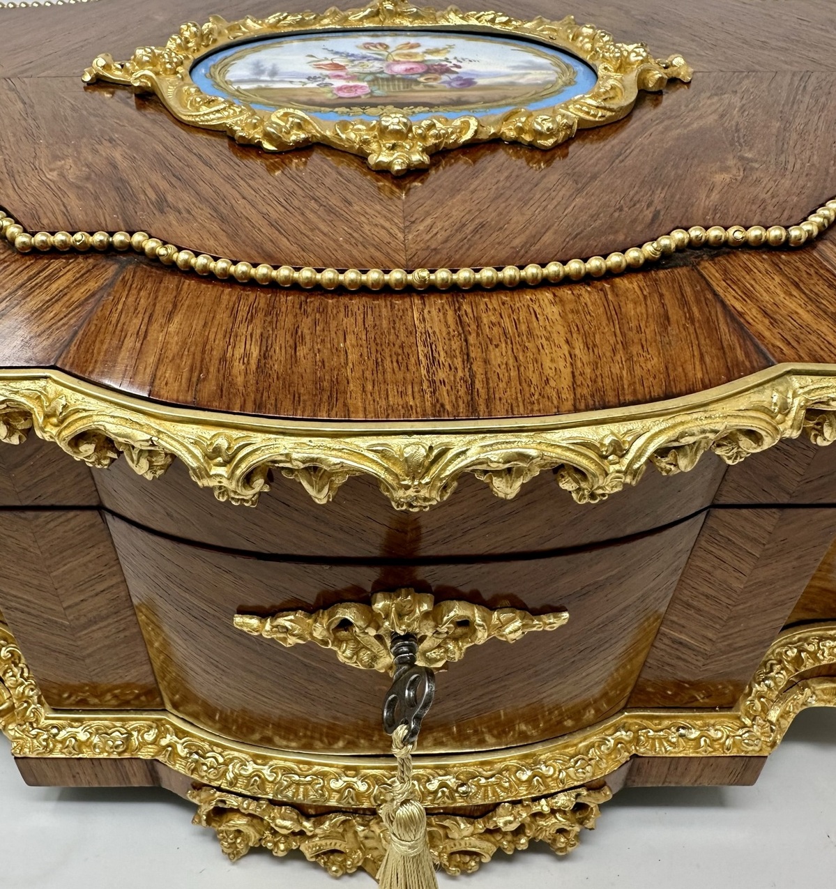 888. Antique French Ormolu Kingwood Sevres Casket Jewelry Box by Vervelle Audot Paris - Image 7
