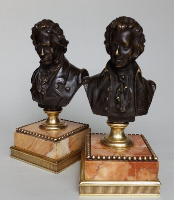 785. Fine Pair Grand Tour French Bronze Busts MOZART and BEETHOVEN Sienna Marble 19Ct