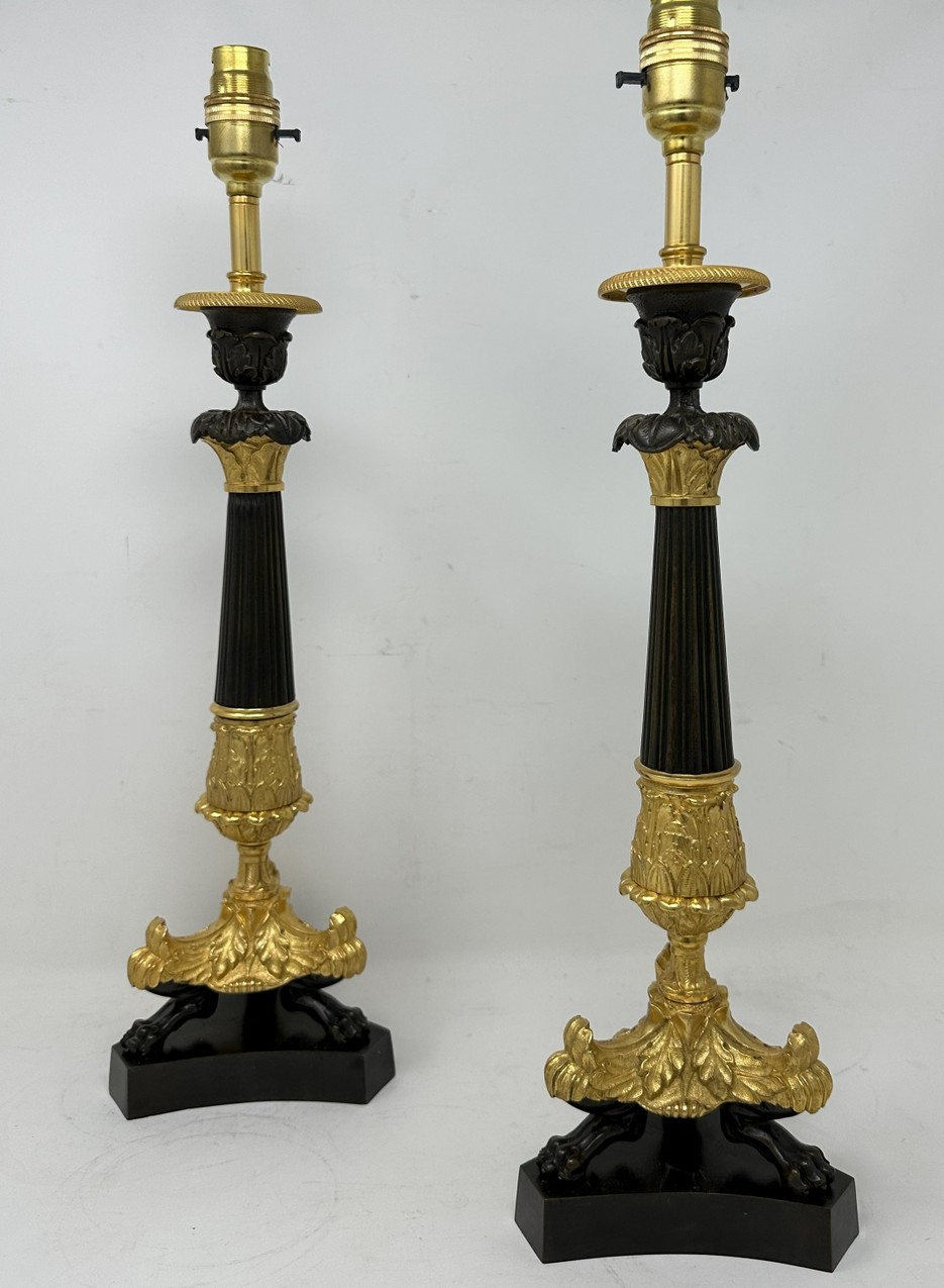 222. Antique Pair of French Doré Bronze Neoclassical Ormolu Gilt Candlesticks Lamps