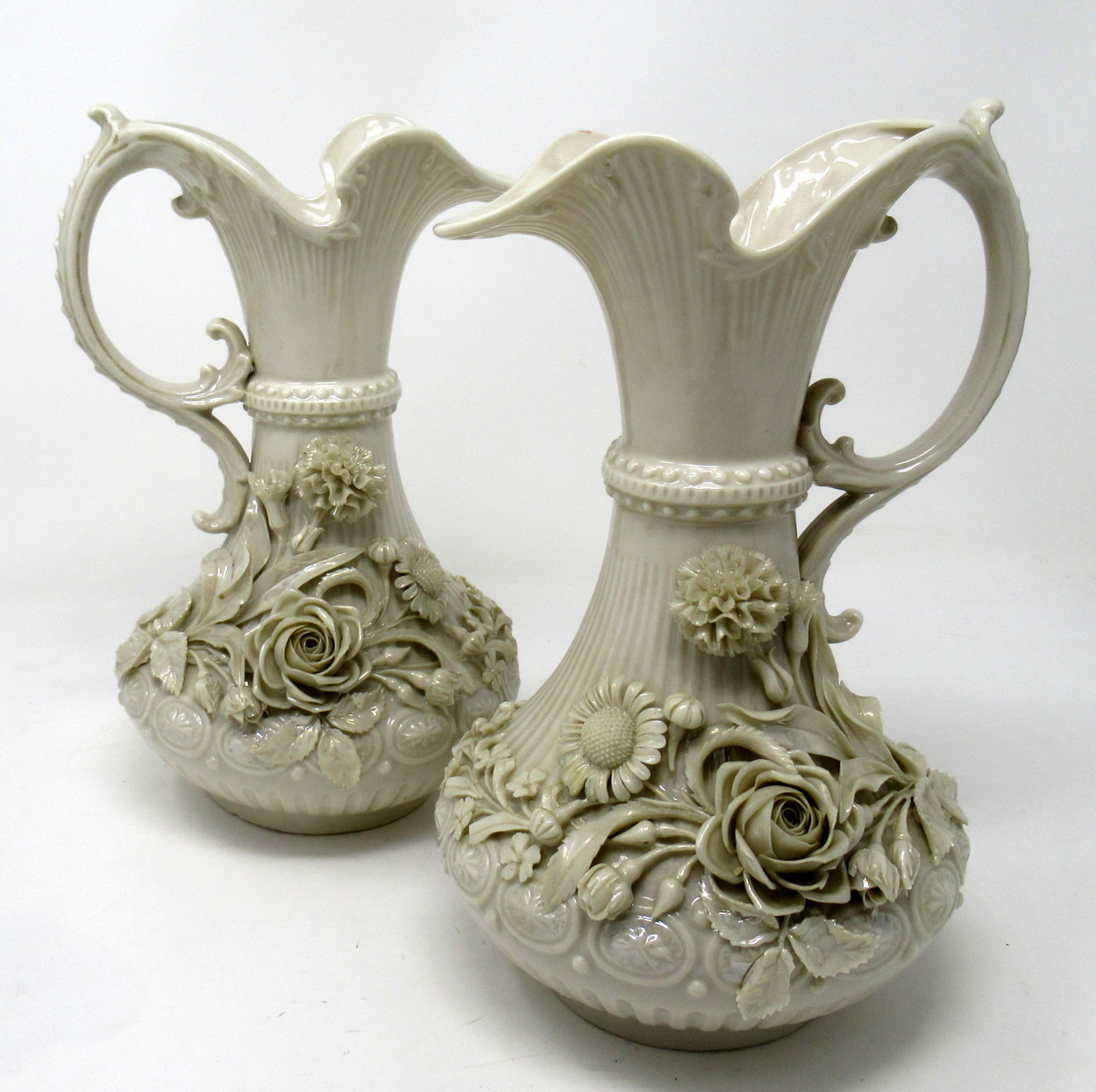 267. Irish Belleek Porcelain Pair Aberdeen Ewers Second Period Black Mark 1891-1926
