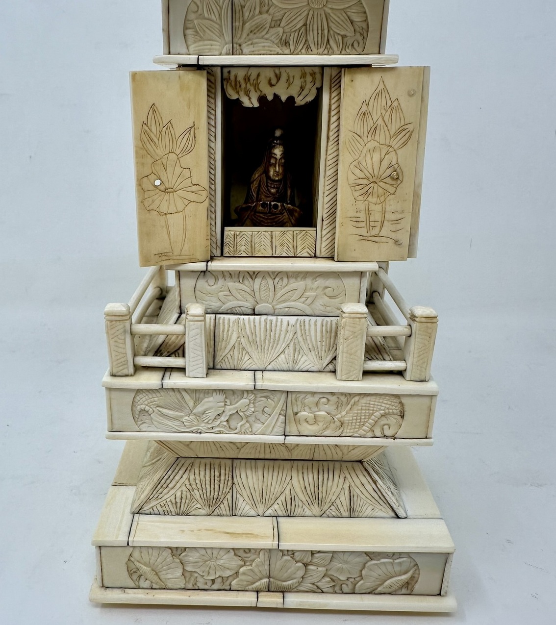 318. Antique Victorian Religious Chinese Export Ivory Bone Carved Pagoda Sculpture - Image 10