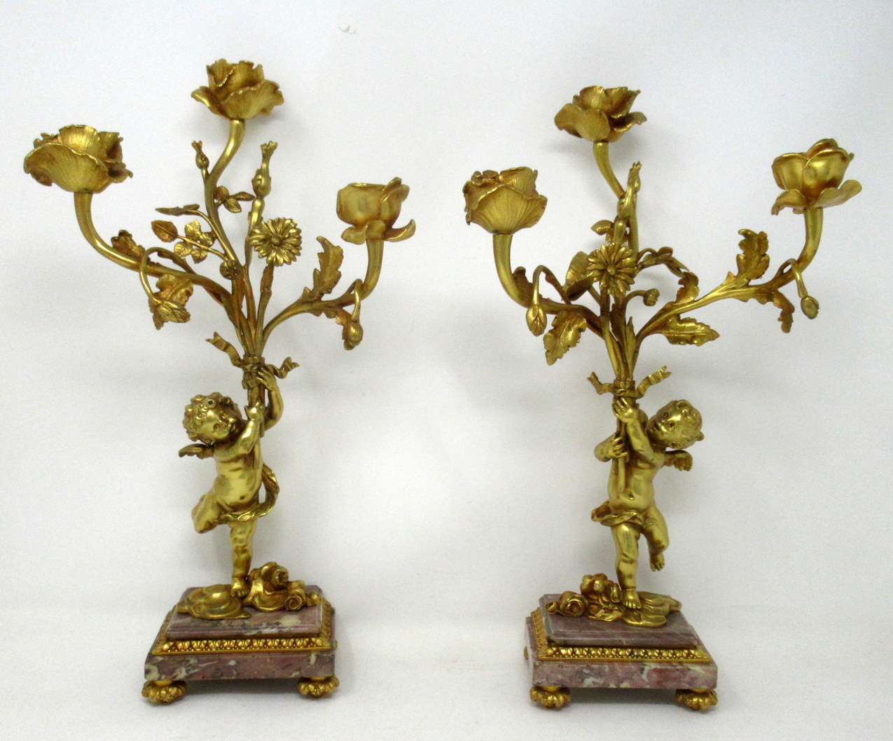 421. Antique Pair French Breche Violet Gilt Bronze Candelabra Candlesticks 19Ct - Image 2