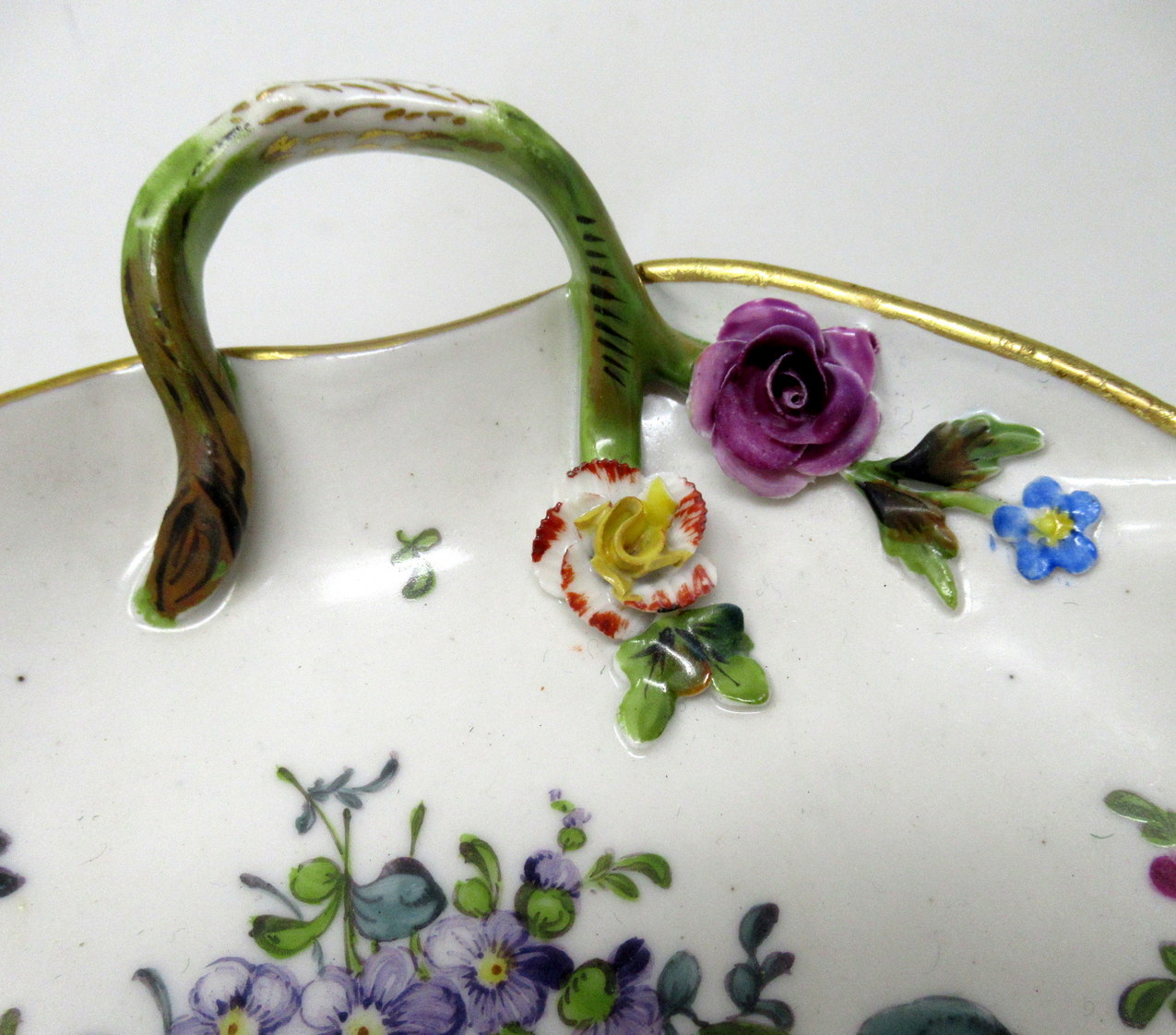 587. Antique Pair German Dresden Meissen Still Life Flowers Cabinet Leaf Form Plates - Image 4