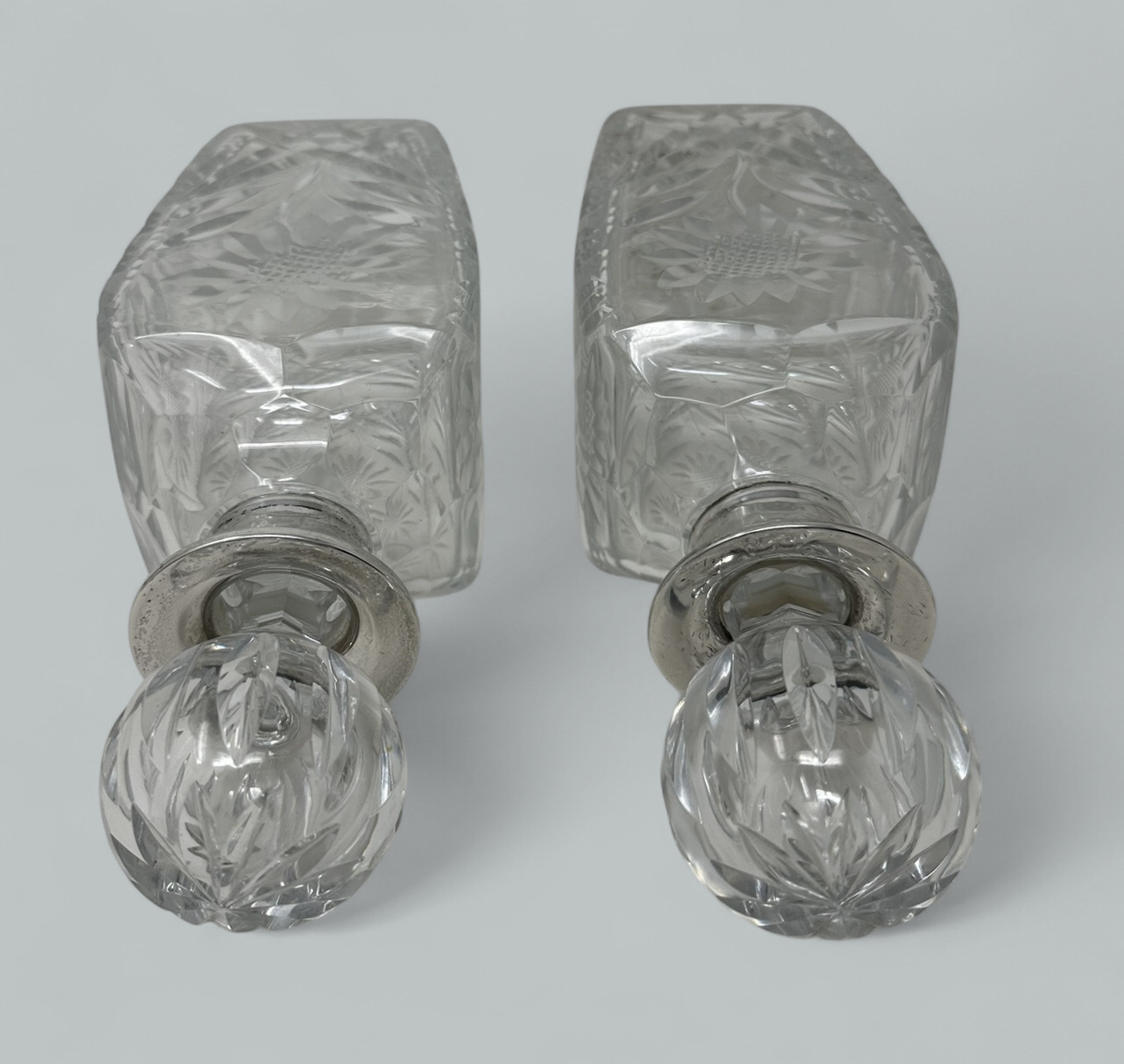 616. Pair Mid Century Full Lead Crystal Sterling Silver Spirits Wine Decanters, 1966 - Image 8