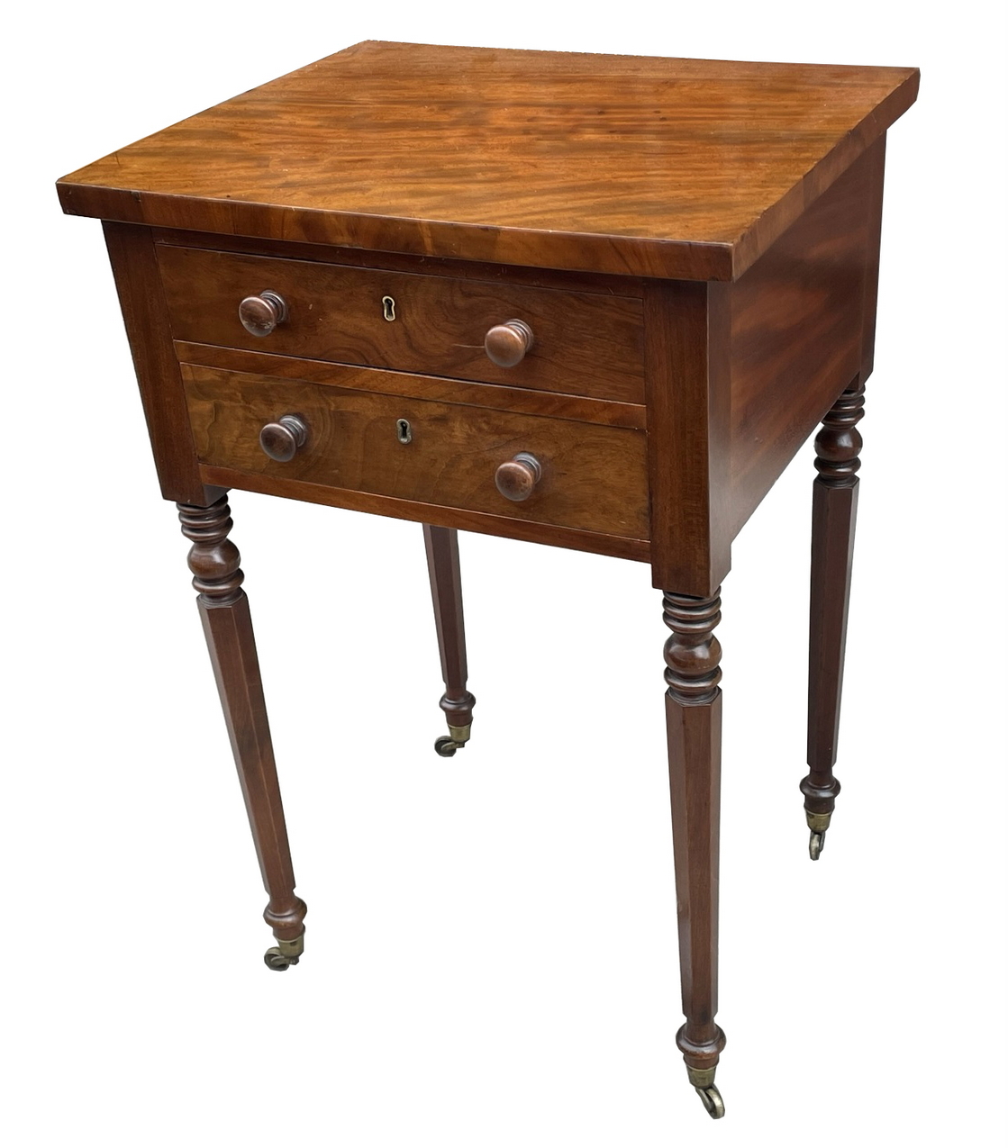 889. English Early Victorian Flame Mahogany Work Lamp Table 19th Century