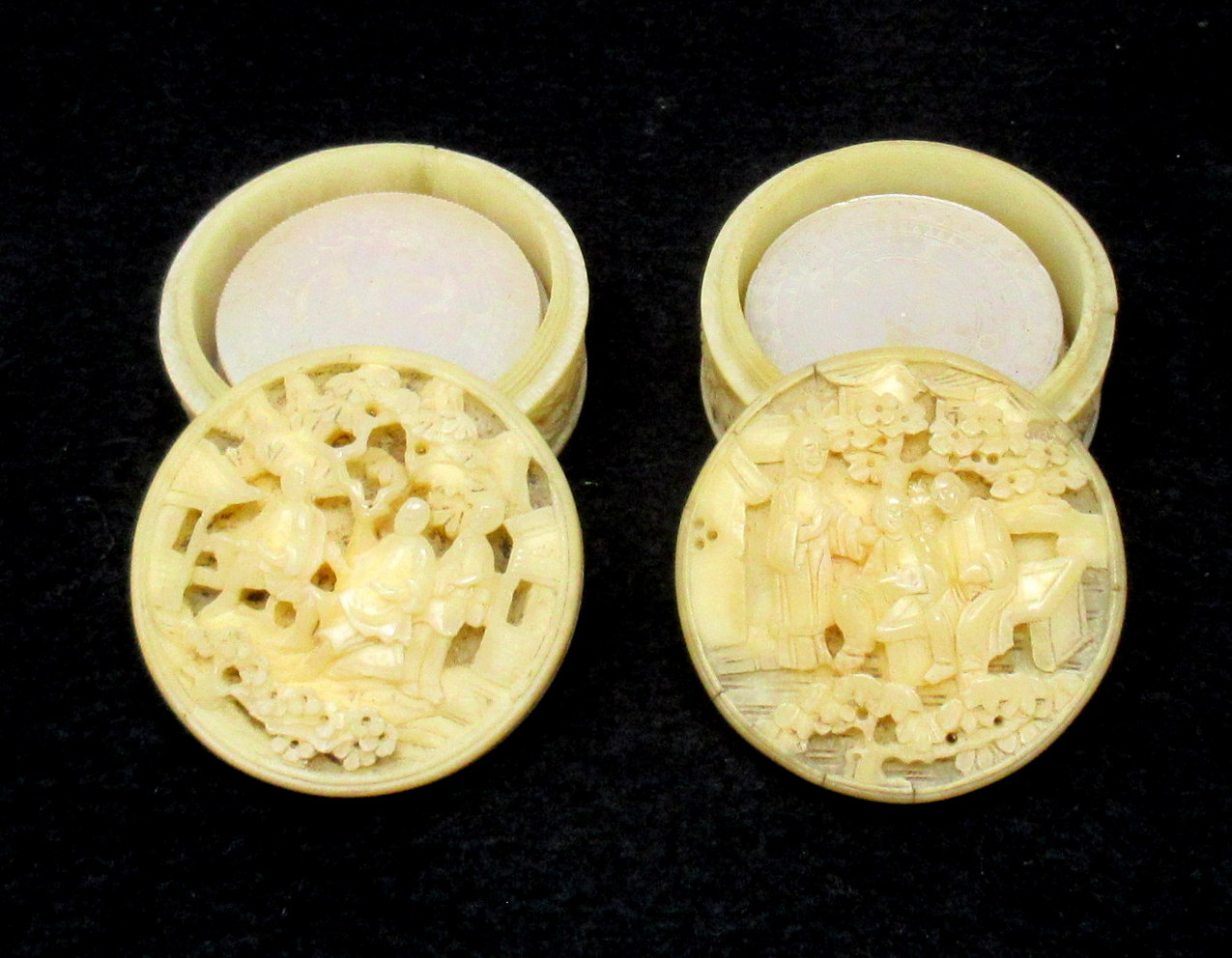 991. Collection Chinese Canton Carved Ivory Boxes with Mother Pearl Counters early 19thCt - Image 7