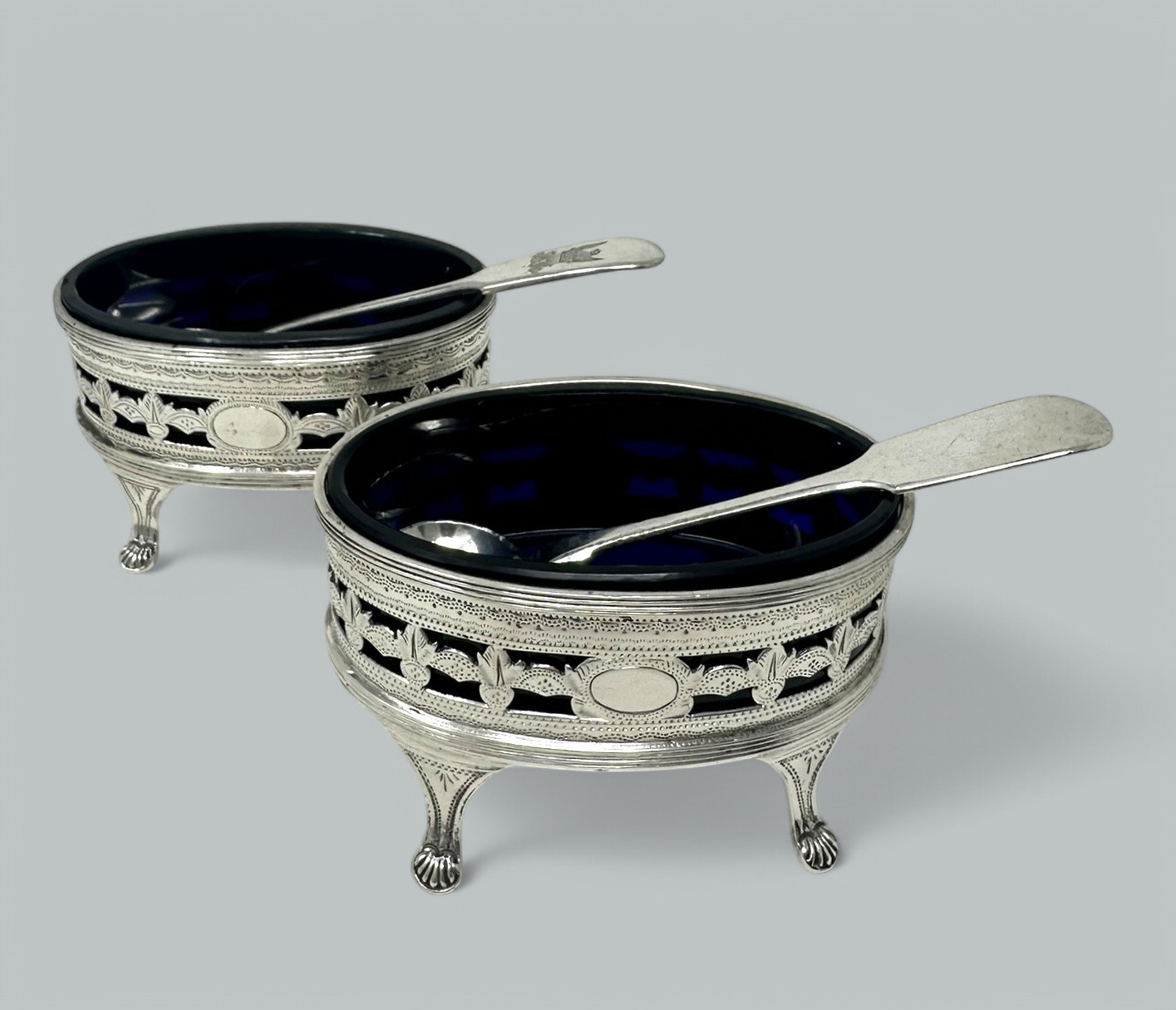 239. Antique Georgian Sterling Silver Set Pair Salts Glass Liners 1883 Nathan Hayes - Image 2