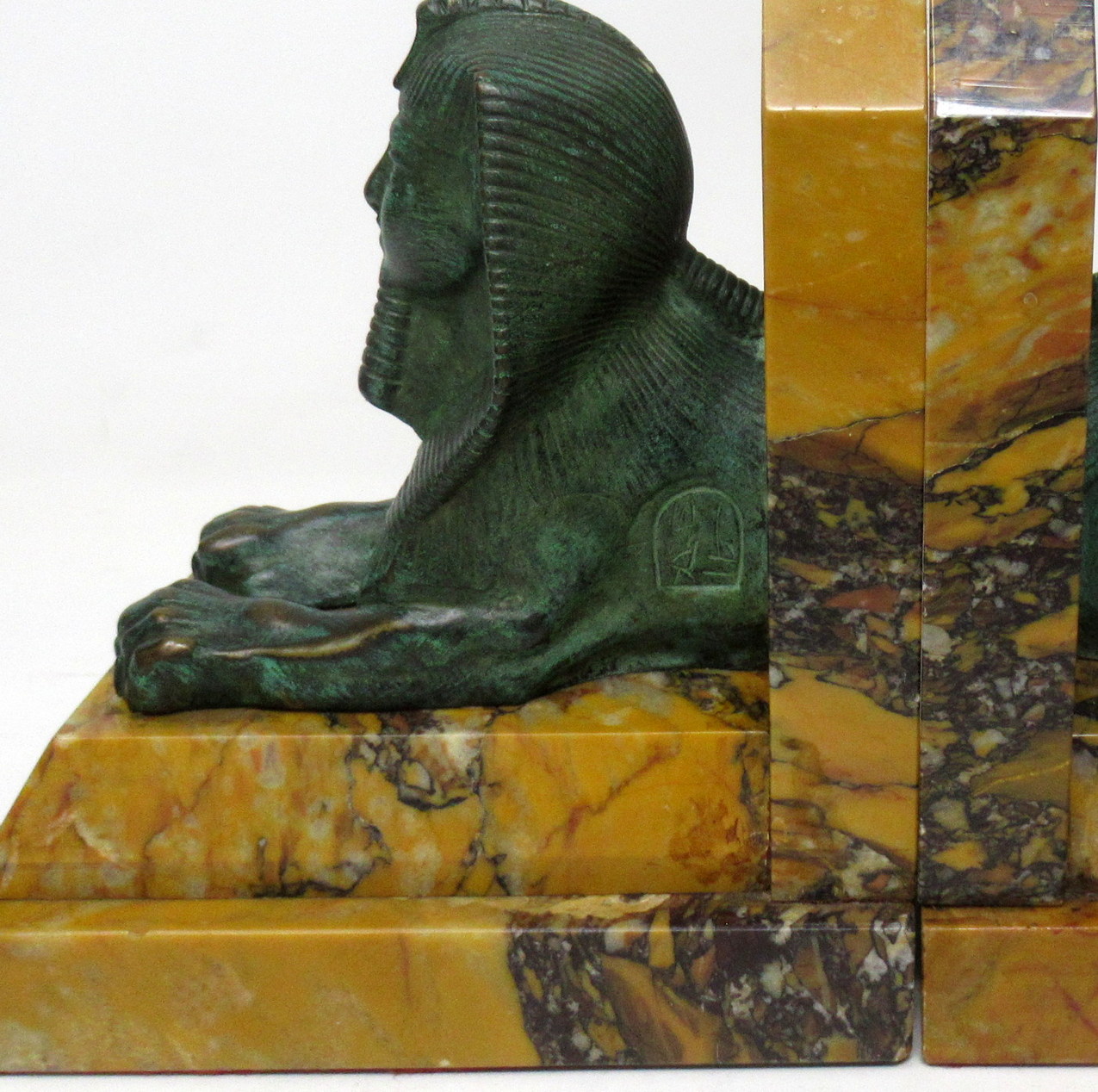 640. Grand Tour Italian French Egyptian Sphinx Pair Bronze Bookends Sienna Marble - Image 7