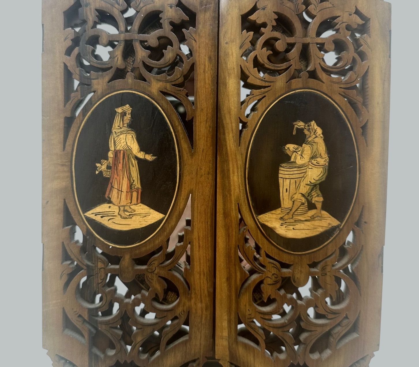 950. Antique Italian Triptych Sorrento Ware Walnut Crutch Oval Folding Mirror 19th Ct - Image 5