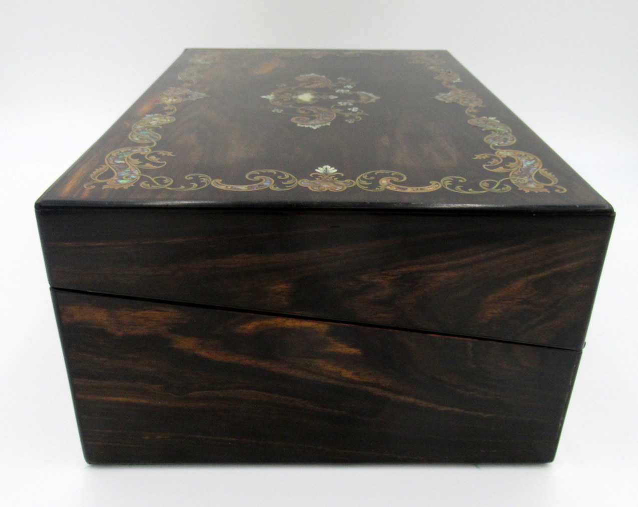 279. Antique Coromandel Mahogany Brass Inlaid English Writing Box Slope Mother Pearl - Image 7