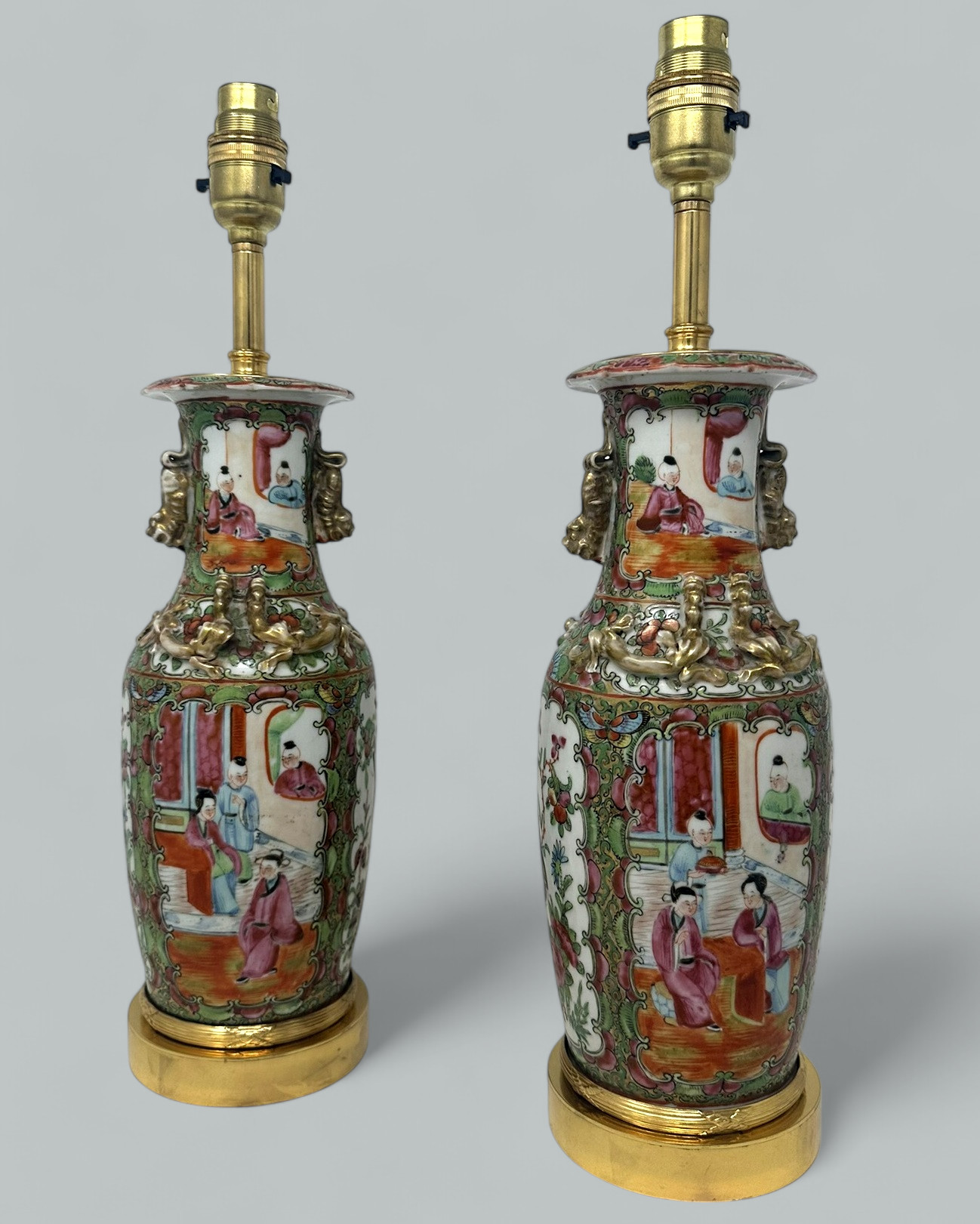 762. Antique Famille Rose Medallion Canton Cantonese Ormolu Chinese Table Lamps Pair