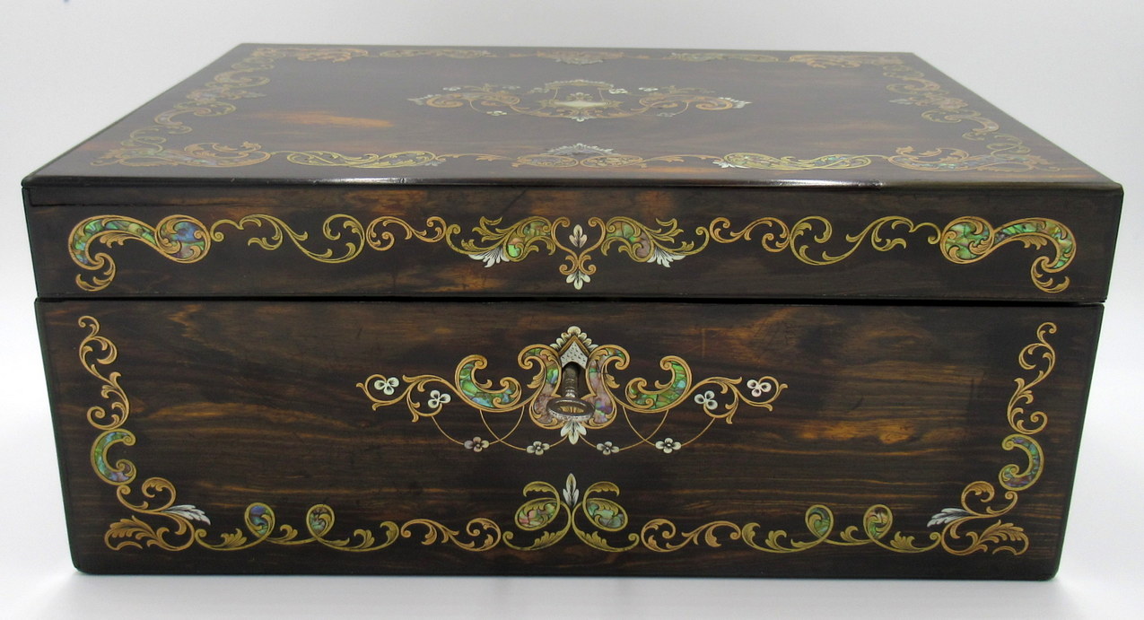 279. Antique Coromandel Mahogany Brass Inlaid English Writing Box Slope Mother Pearl - Image 6