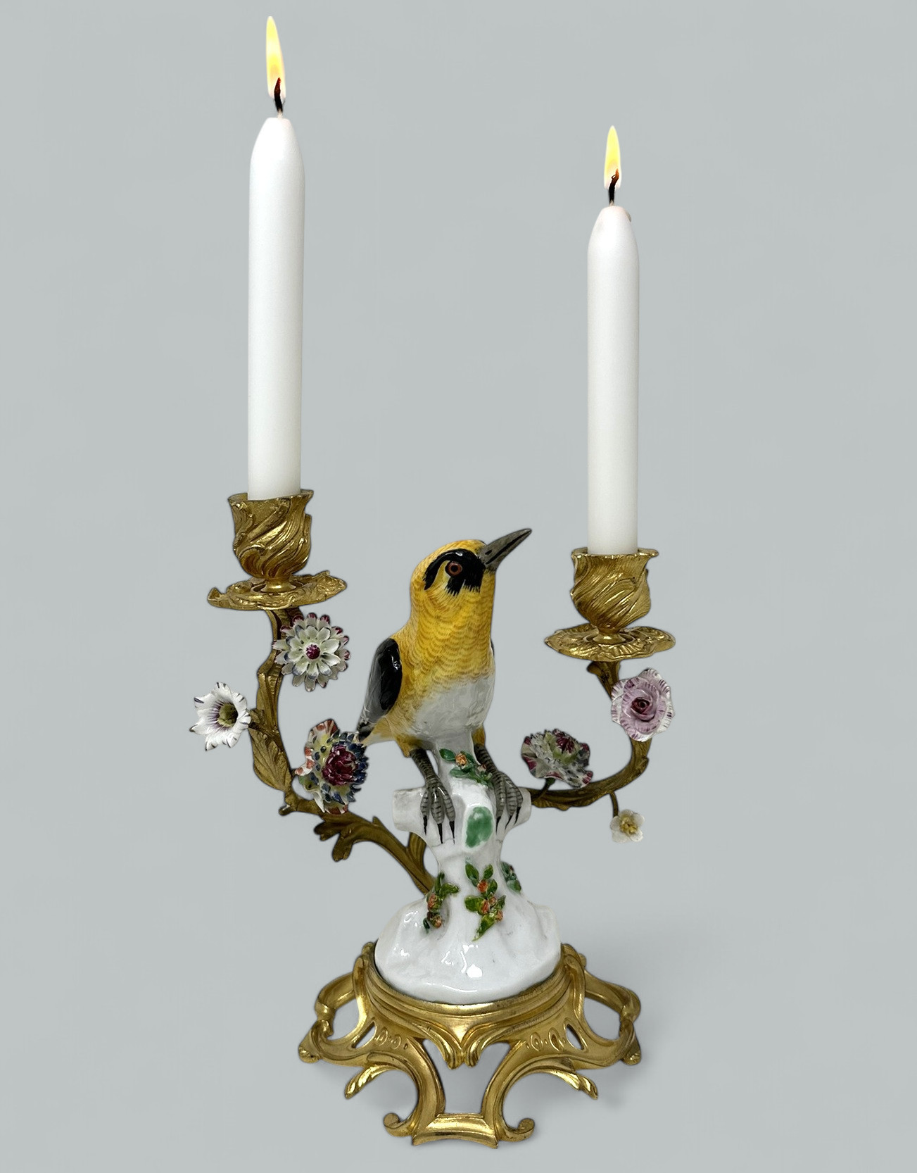 101. Antique Pair French Ormolu Gilt Porcelain Birds Candlesticks Candelabra Samson - Image 9