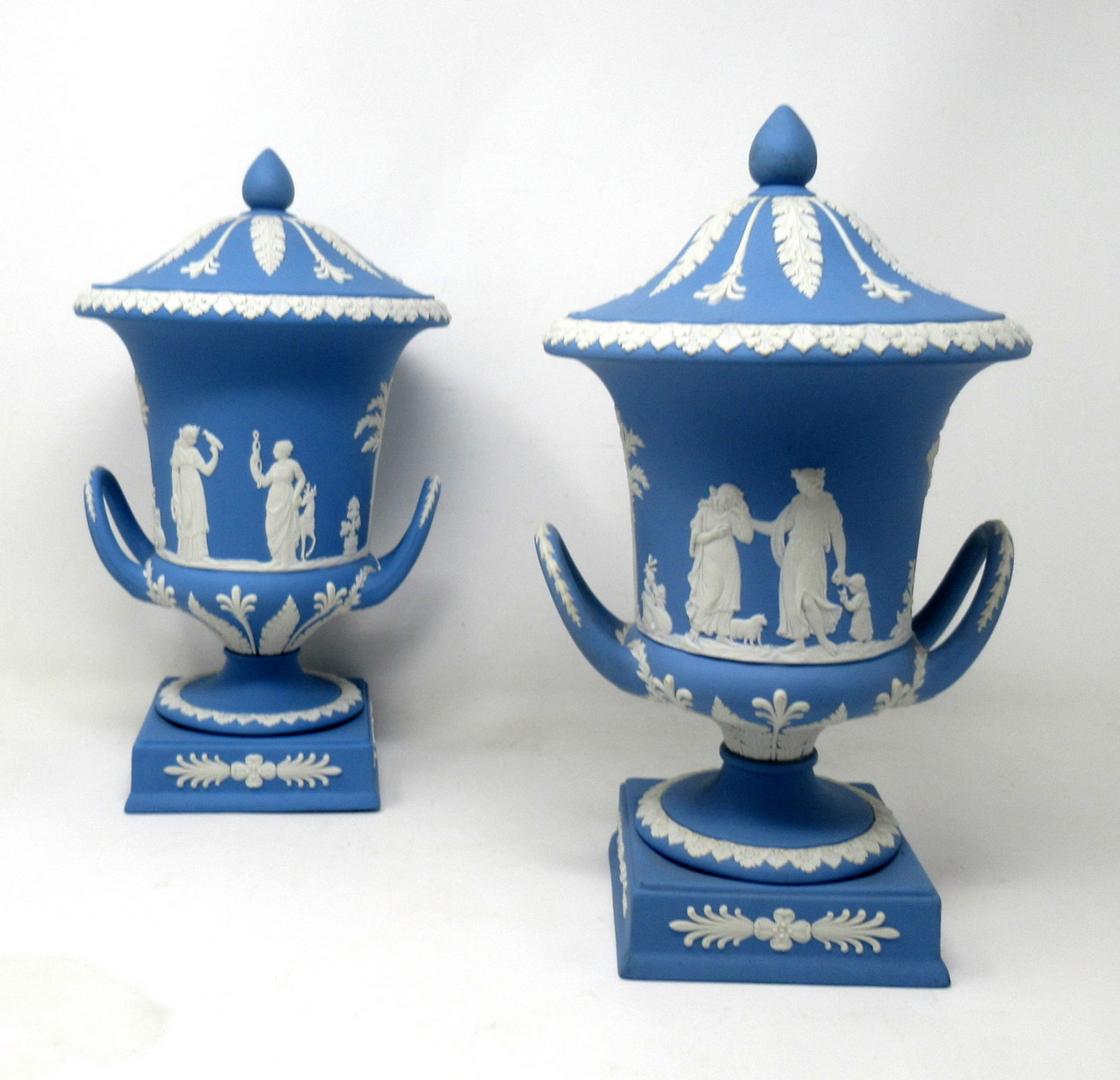 356. Antique Pair of Blue Wedgwood Jasperware Ceramic Urns Vases Mythological Classical Scenes - Image 2