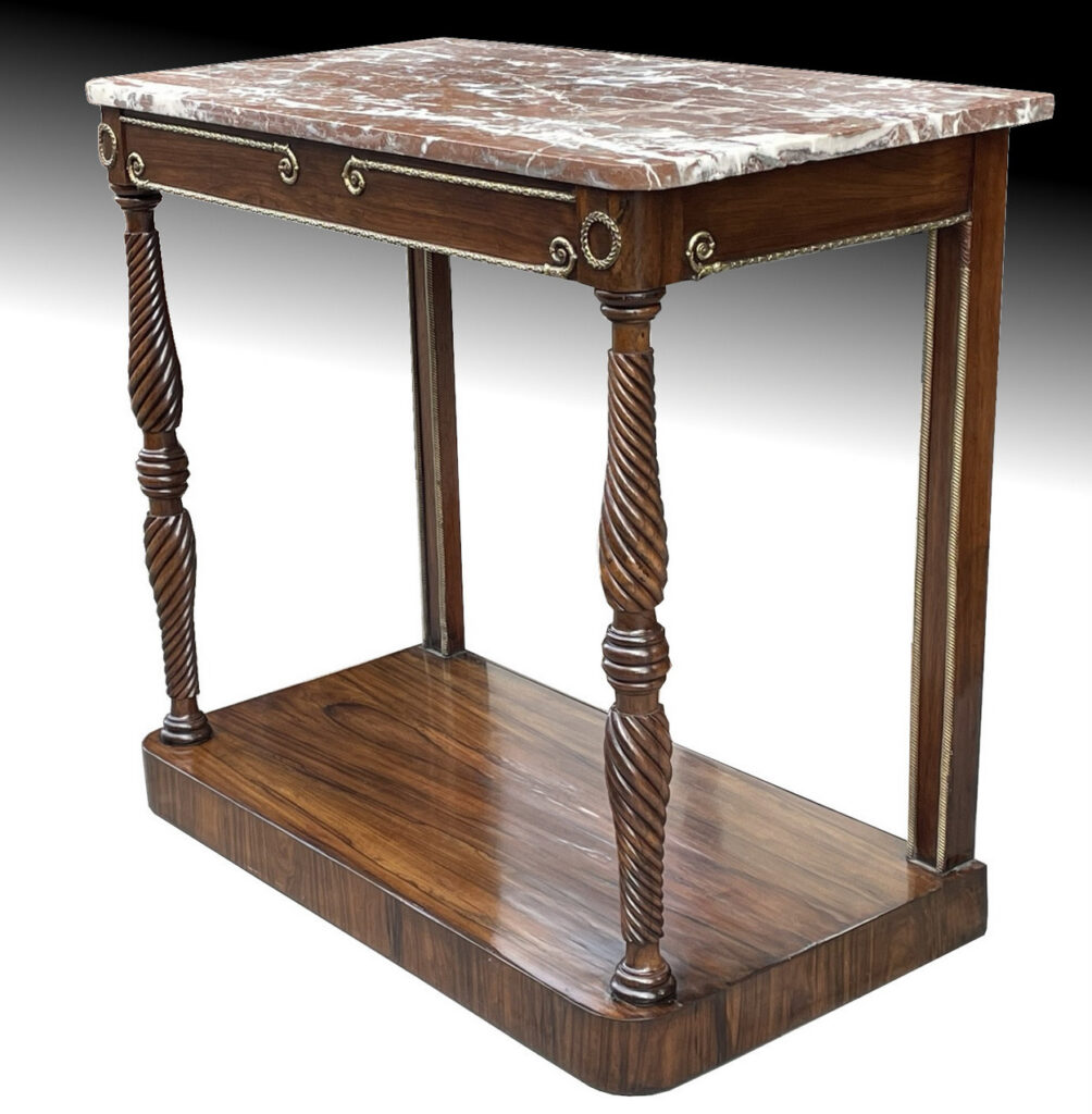 021. Antique French Regency Rosewood Marble Gilt Mounted French Console Pier Table