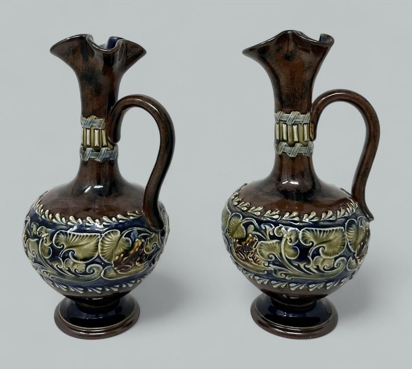 128. Antique Pair English Porcelain Royal Doulton Art Nouveau Ewers Pitchers Urns - Image 2