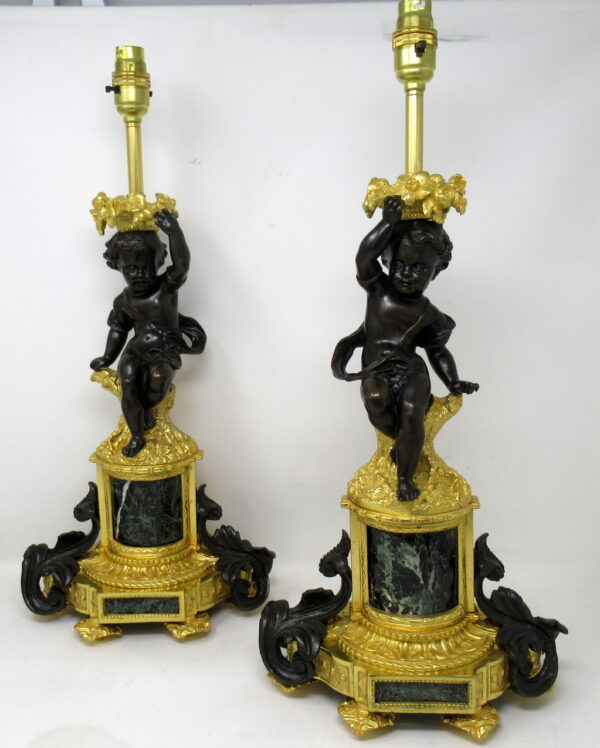 519. Antique Pair Gilt Bronze Ormolu Marble Table Lamps Clodion Grand Tour Cherubs