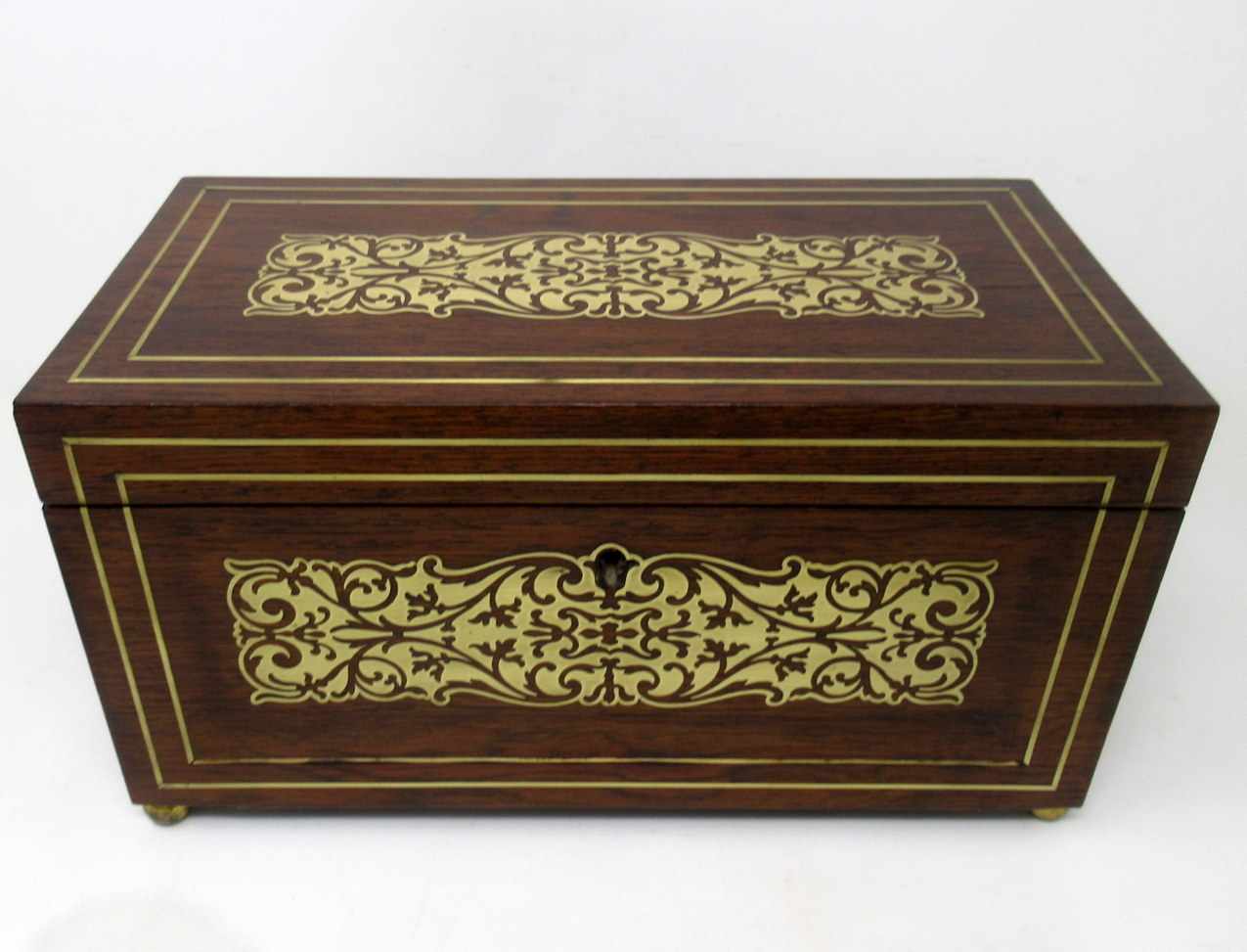 967. Antique Brass Inlaid English Regency Mahogany Double Tea Caddy Box 19th Century - Image 3