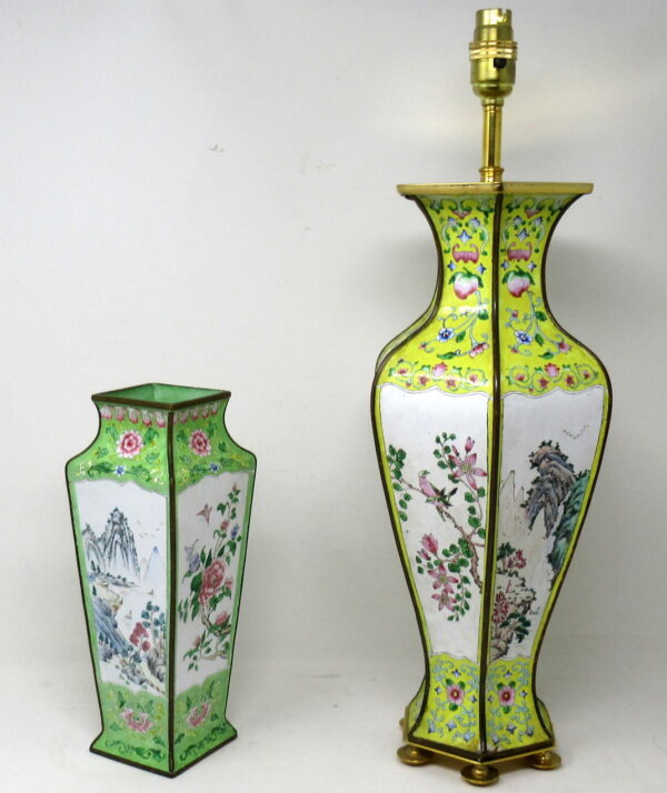 347. Antique Qing Dynasty Chinese Cantonese Enamel Table Lamp and Vase Yellow Green