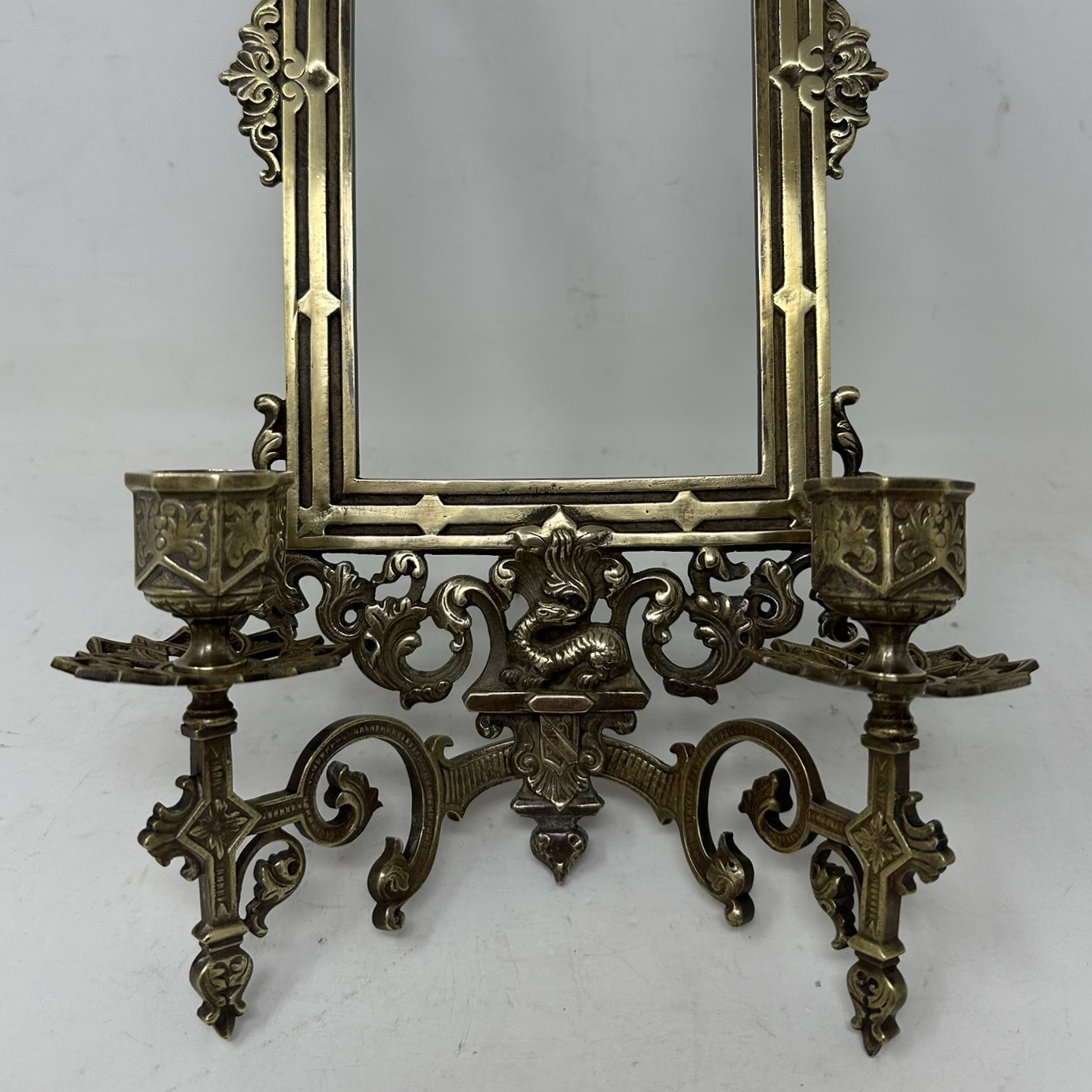 078. Antique Pair French Brass Girandole Wall Applique Sconces Mirrors Candlesticks - Image 7