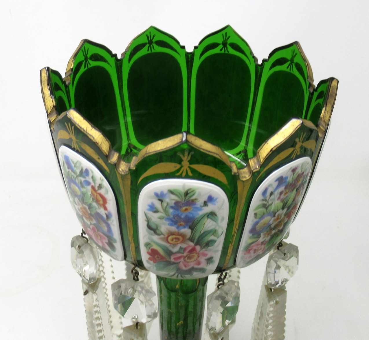 176. Antique Crystal Bohemian Emerald Green Enamel Pair Overlaid Lusters Candlesticks - Image 7