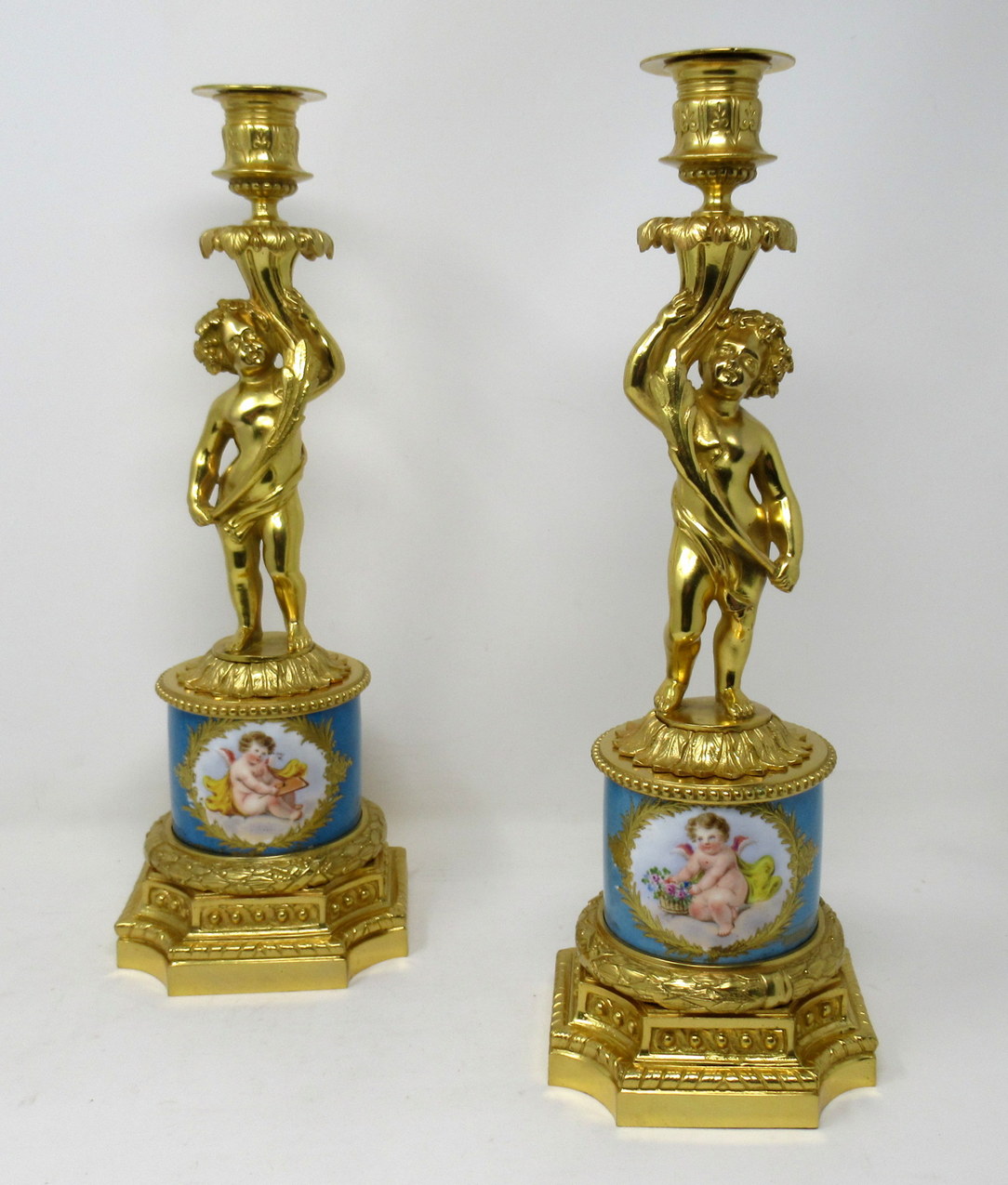 549. Antique Pair French Ormolu Sevres Porcelain Gilt Bronze Cherub Candlesticks 19th Century
