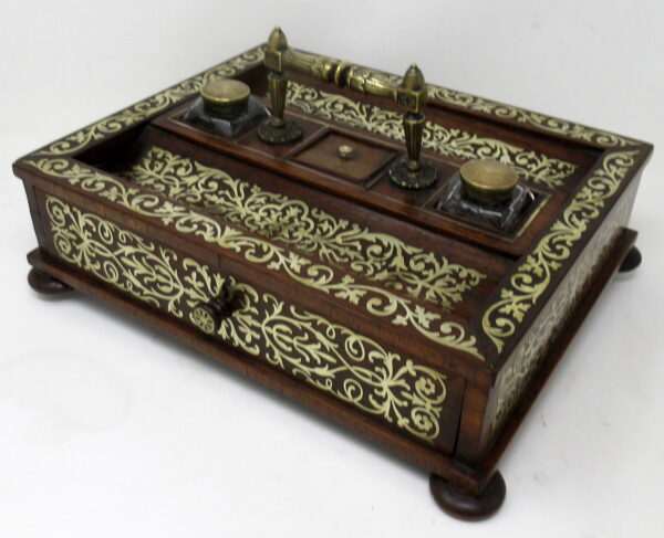 166. Antique Grand Tour Mahogany Brass Inlaid Desk Set Inkstand English Regency 19Ct