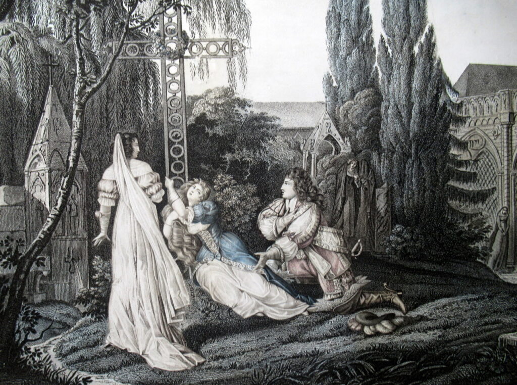 660. Duchess of La Valliere and Louis XIV in Convent Antique French Colored Engraving