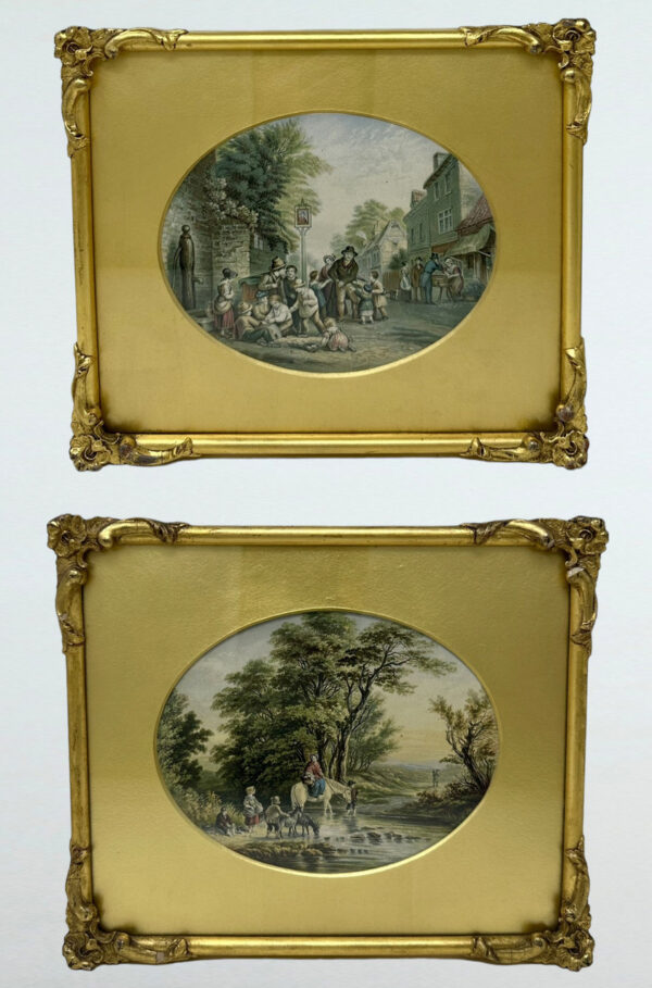 526. George Morland Antique Pair Hand Colored Prints Engravings Rural Scenes Le Blond