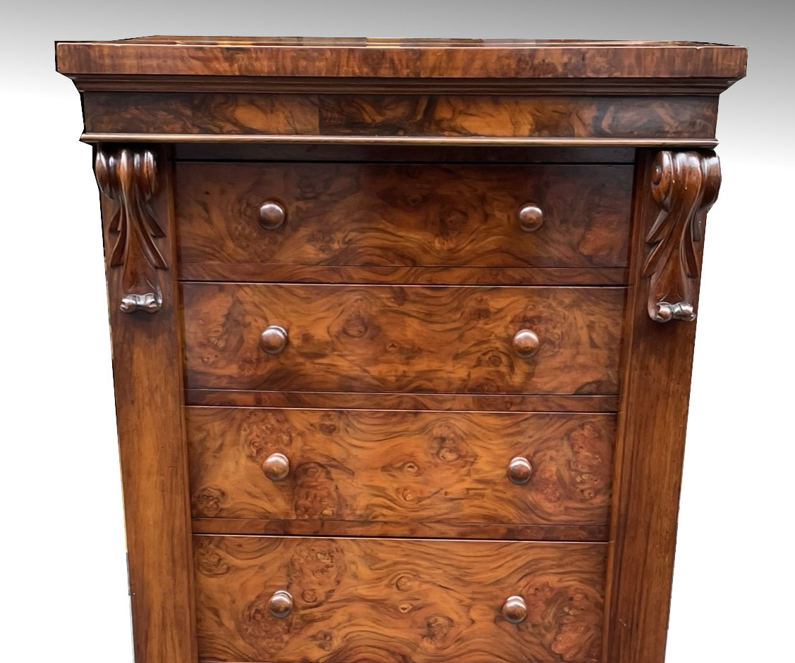 617. Antique Burl Walnut Welling Chest Drawers Irish Provenance Sir Thomas Kelly-Kenny - Image 4