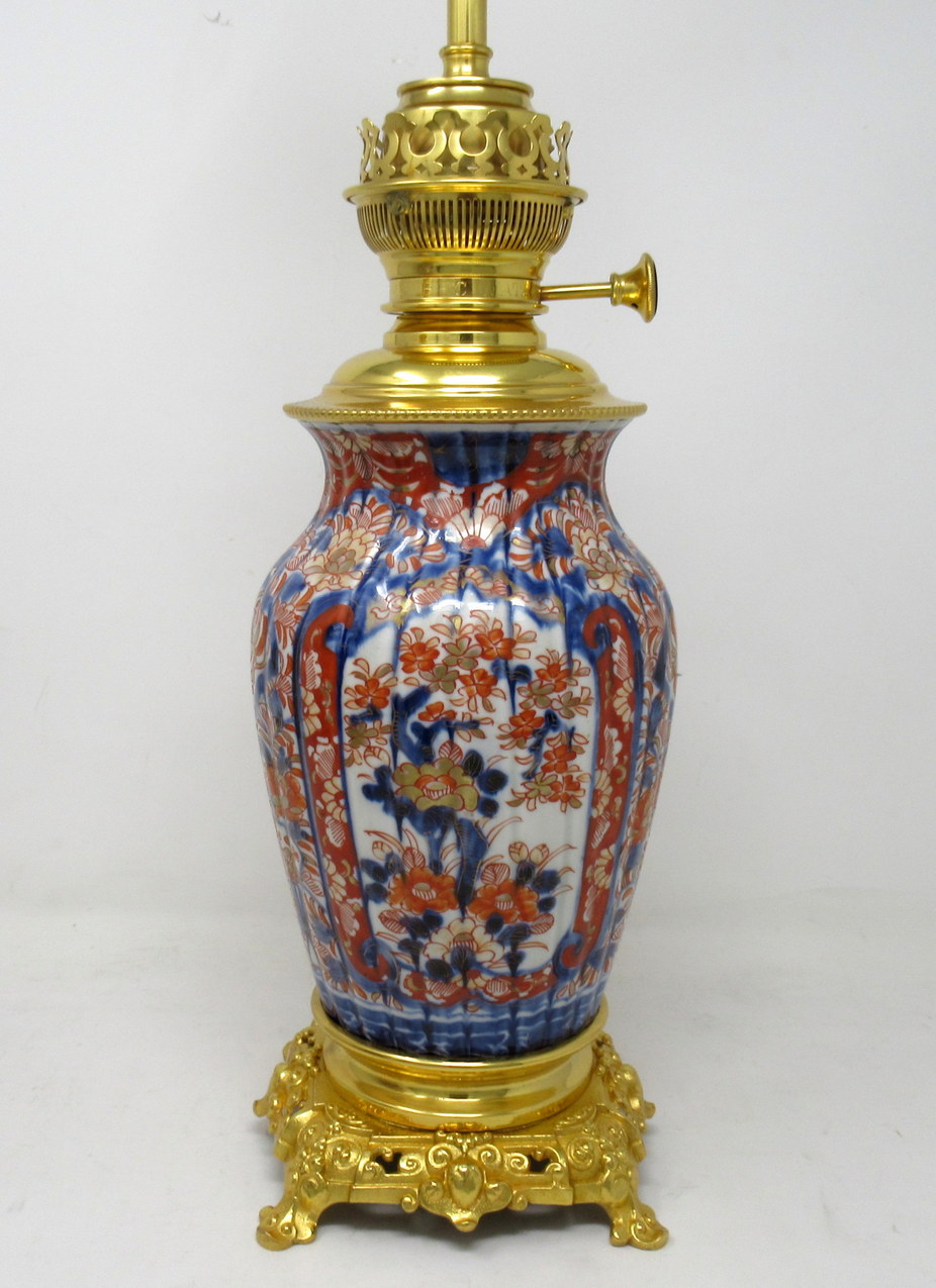 444. Antique Pair Japanese Chinese Imari Porcelain Ormolu Table Lamps Blue Red Gilt - Image 3