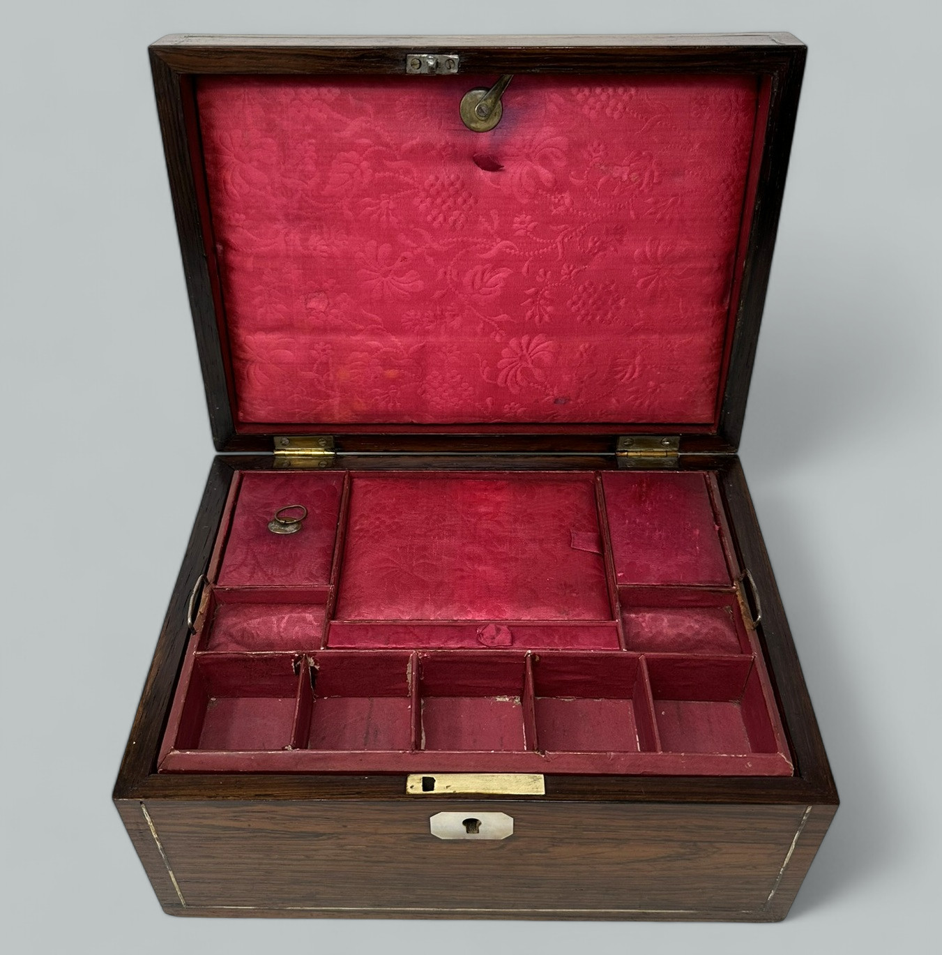 983. Antique Inlaid Rosewood English Jewelry Sewing Casket Silk Lined Interior 19th Ct - Image 5