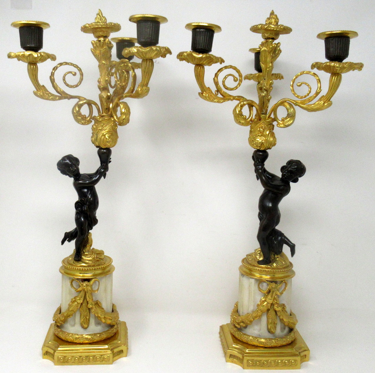 429. Antique Pair Gilt Bronze Ormolu Marble Three Light Candelabra Clodion Grand Tour - Image 3