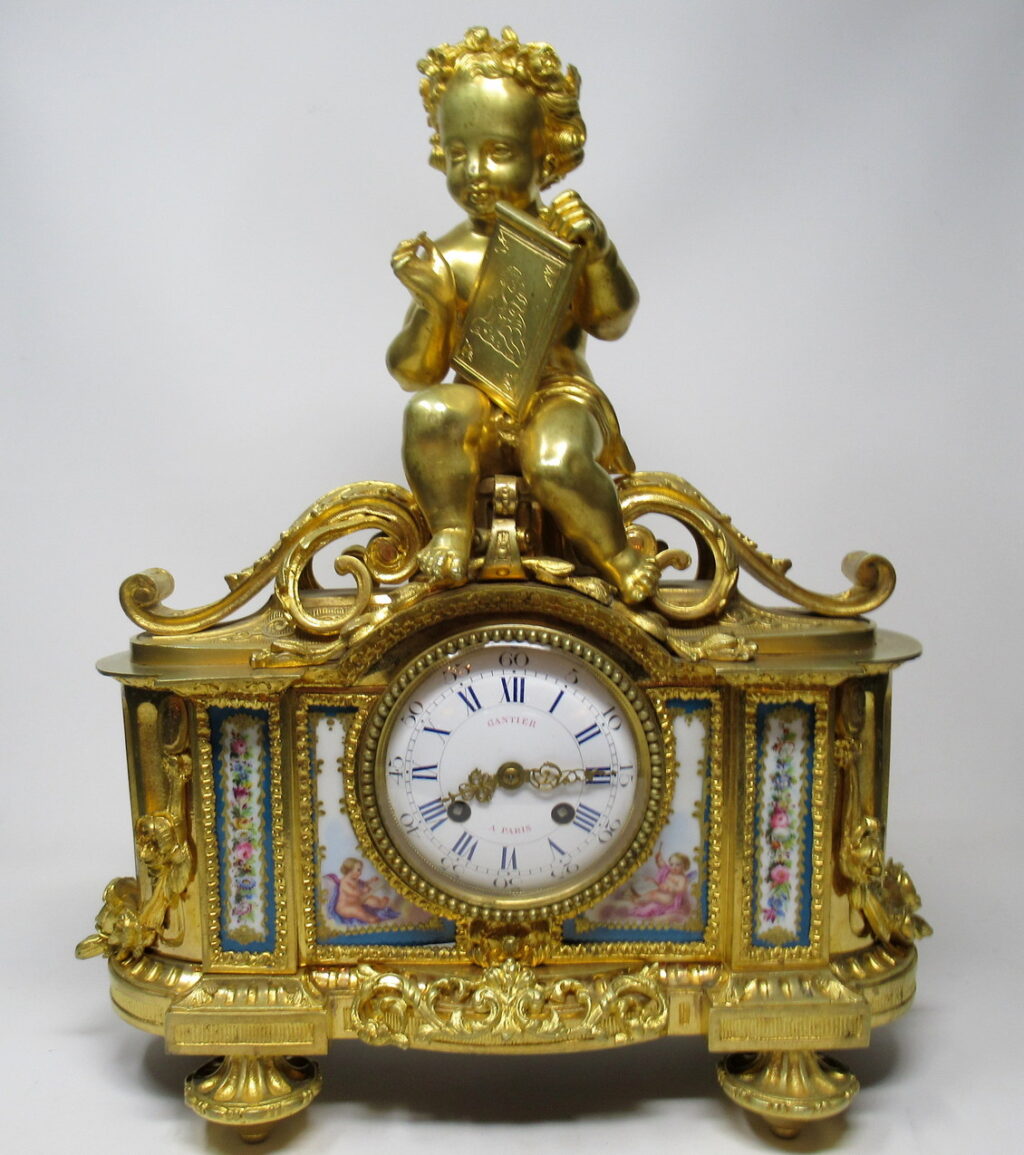 644. French Ormolu Bronze Sevres Porcelain Mantle Clock Vincenti et Cie Paris 19th Century