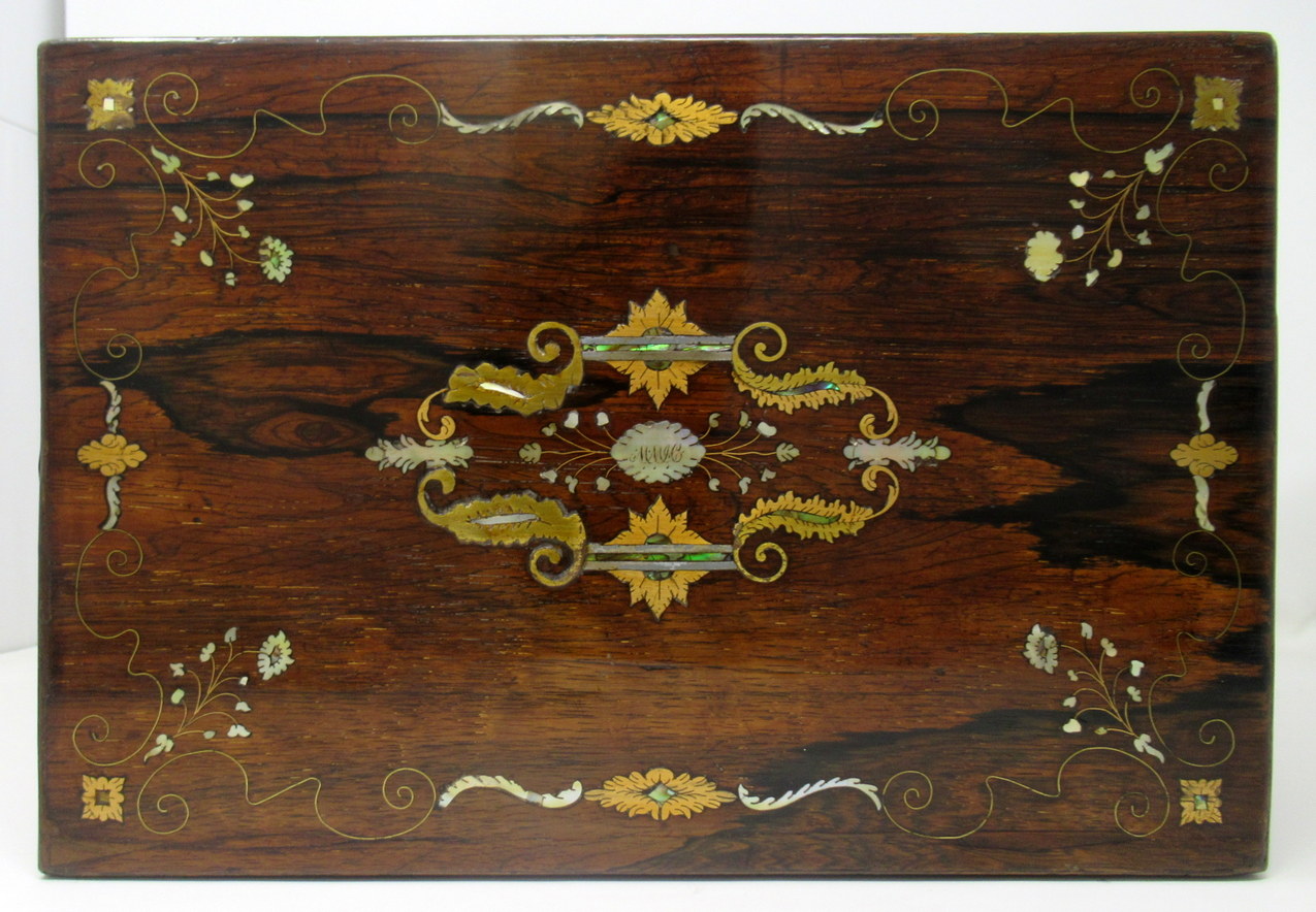 722. Irish Mahogany Mother of Pearl Writing Slope Box by Austins Dublin, circa 1860 - Image 9