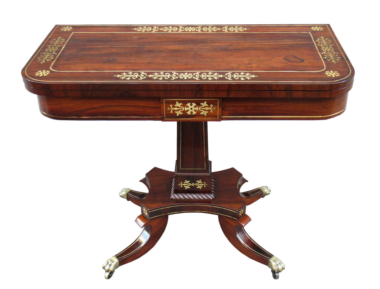 307. Exceptional Regency Rosewood Brass Inlaid Fold Over Card Table early 19thCt