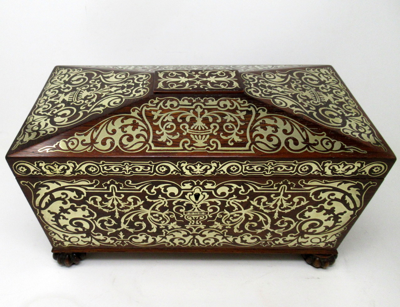 628. Antique Brass Inlaid Rosewood English Tea Caddy Box Regency Gillows Lancaster